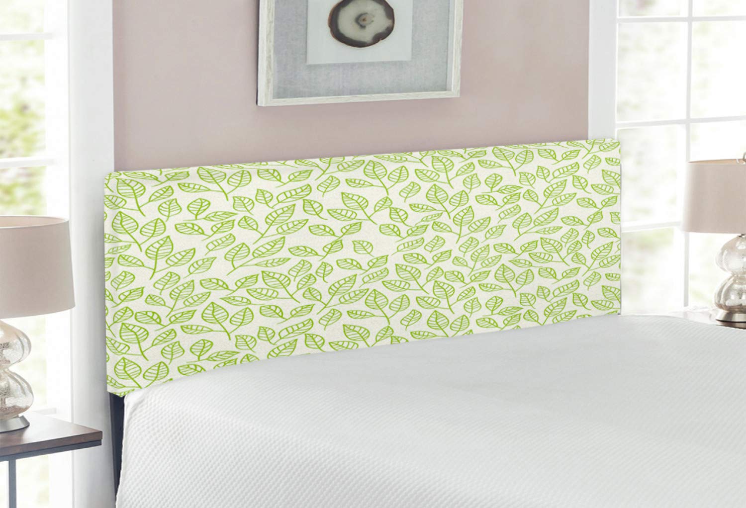 Ambesonne Full Size Upholstered Headboard with Memory Foam - Green Tea Leaves Watercolor Art, Contemporary Metal Bed Frame for Modern Bedroom Decor | Perfect for Guest Rooms, Master Bedrooms & Dorm Decorating