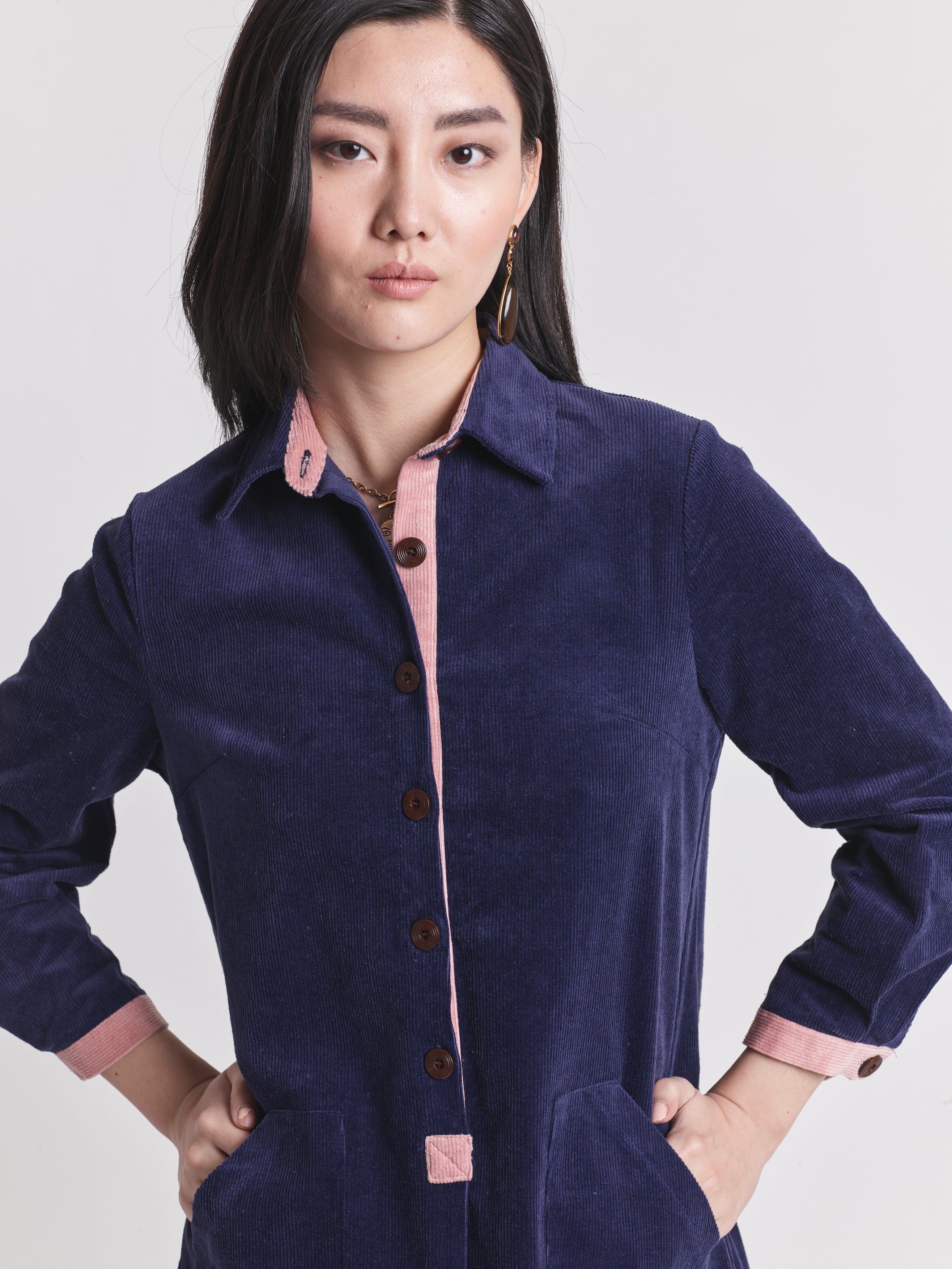 Lowie Women's Navy Blue Corduroy Shirt Dress - Casual Long Sleeve Button Down Tunic for Fall & Winter | Perfect for Office, Date Night and Weekend Outings