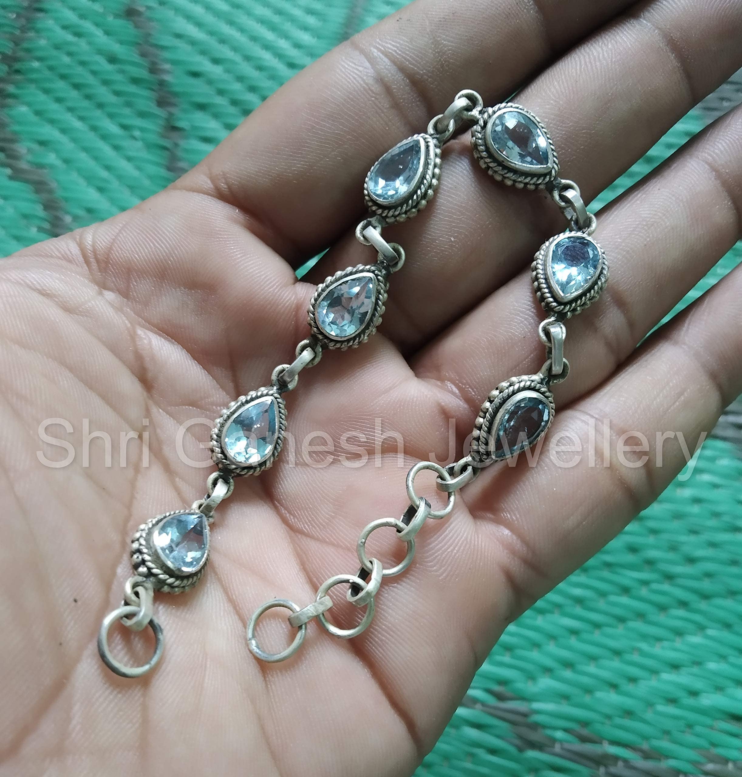 Blue Topaz Healing Stone Bracelet for Women - Sterling Silver Gemstone Jewelry with Vintage Filigree Design - Perfect for Boho Fashion, Spiritual Healing & Everyday Wear