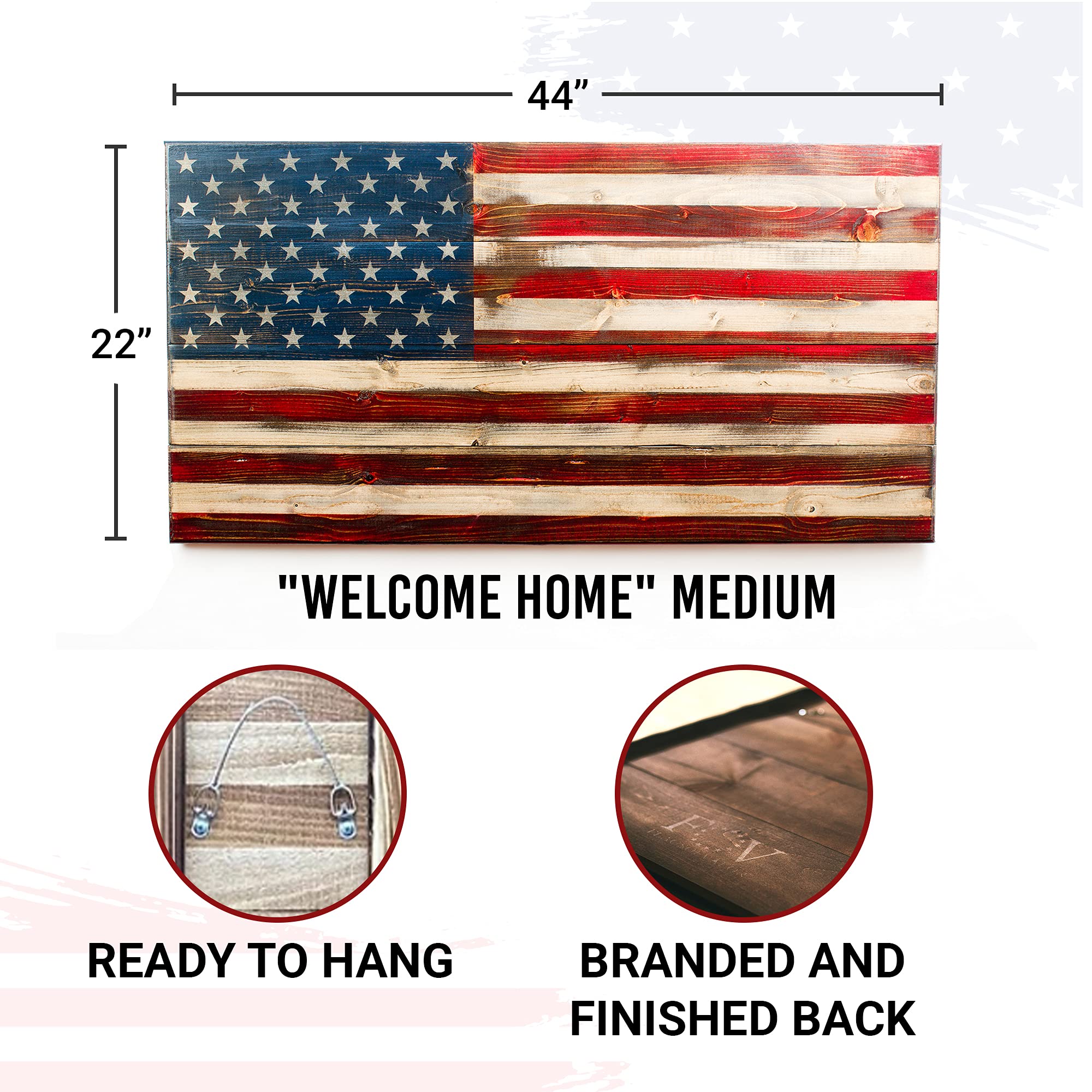 Handcrafted Wooden American Flag - Patriotic Wall Art Decor Made in USA by Veterans | Large 22x42 Inch US Flag Wall Hanging for Man Cave, Living Room, Office & Home | Ready to Hang, Durable Wood Wall Decor