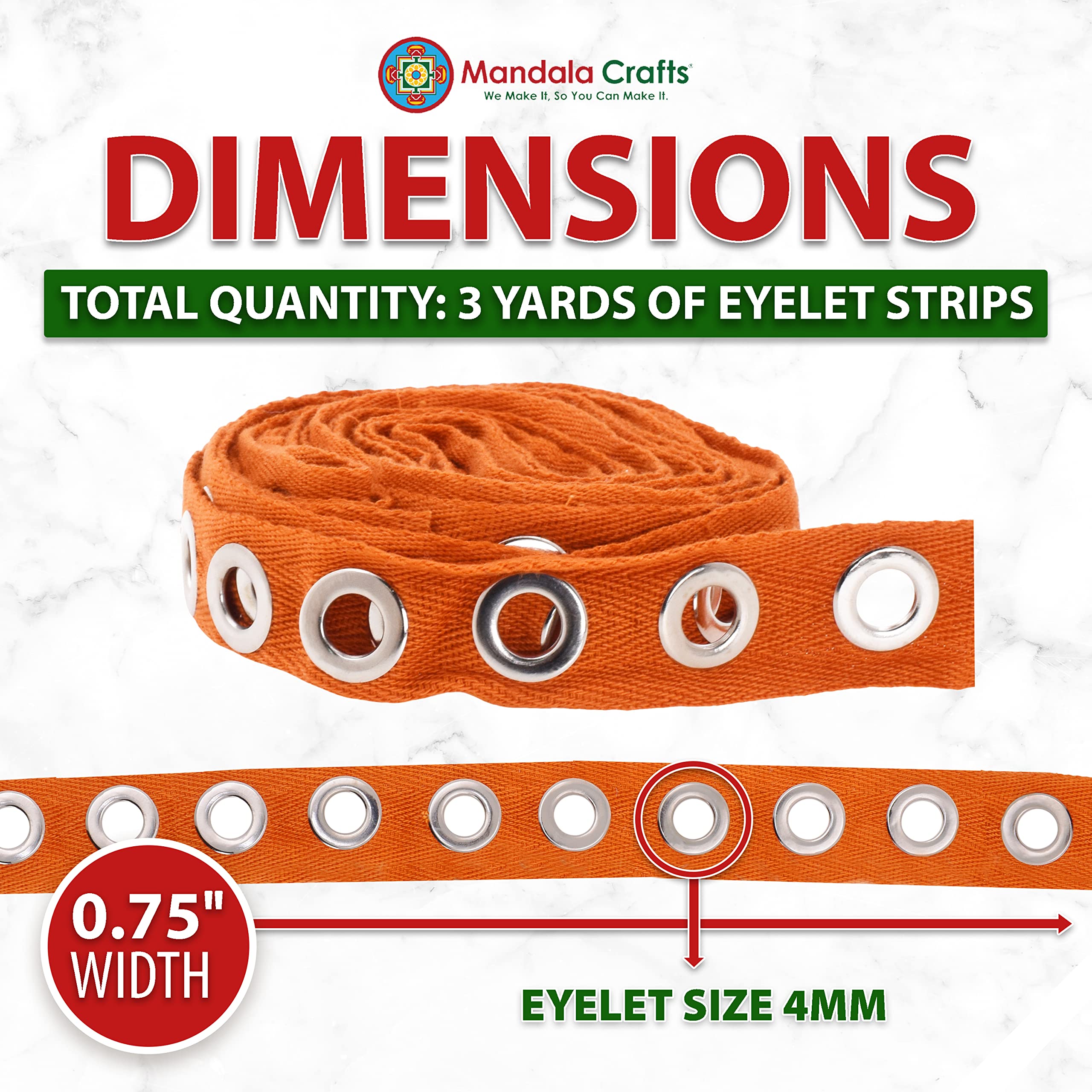 Mandala Crafts Silver Metal Eyelet Trim with Grommets - 3/4 Inch Orange Eyelet Grommet Tape for Sewing - 4mm Cotton Twill Tape by The Yard (3 YDs) - Perfect for DIY Clothing, Handbags, and Home Decor Projects