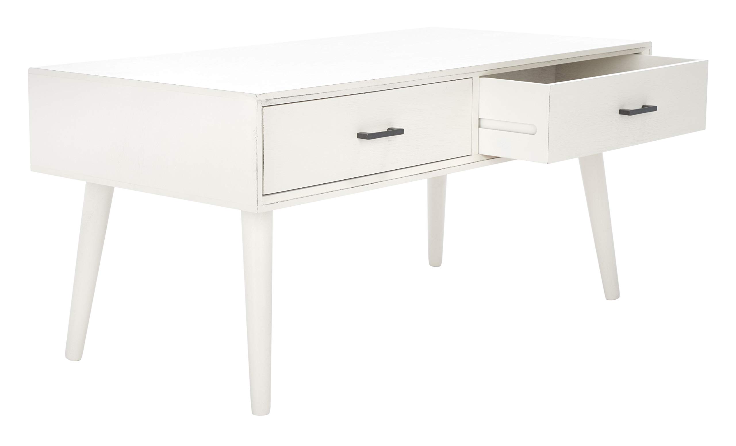 SAFAVIEH Home Collection Mozart Mid-Century Distressed White 2-Drawer Rectangle Coffee Table - Vintage Living Room Furniture for Small Spaces & Modern Apartments