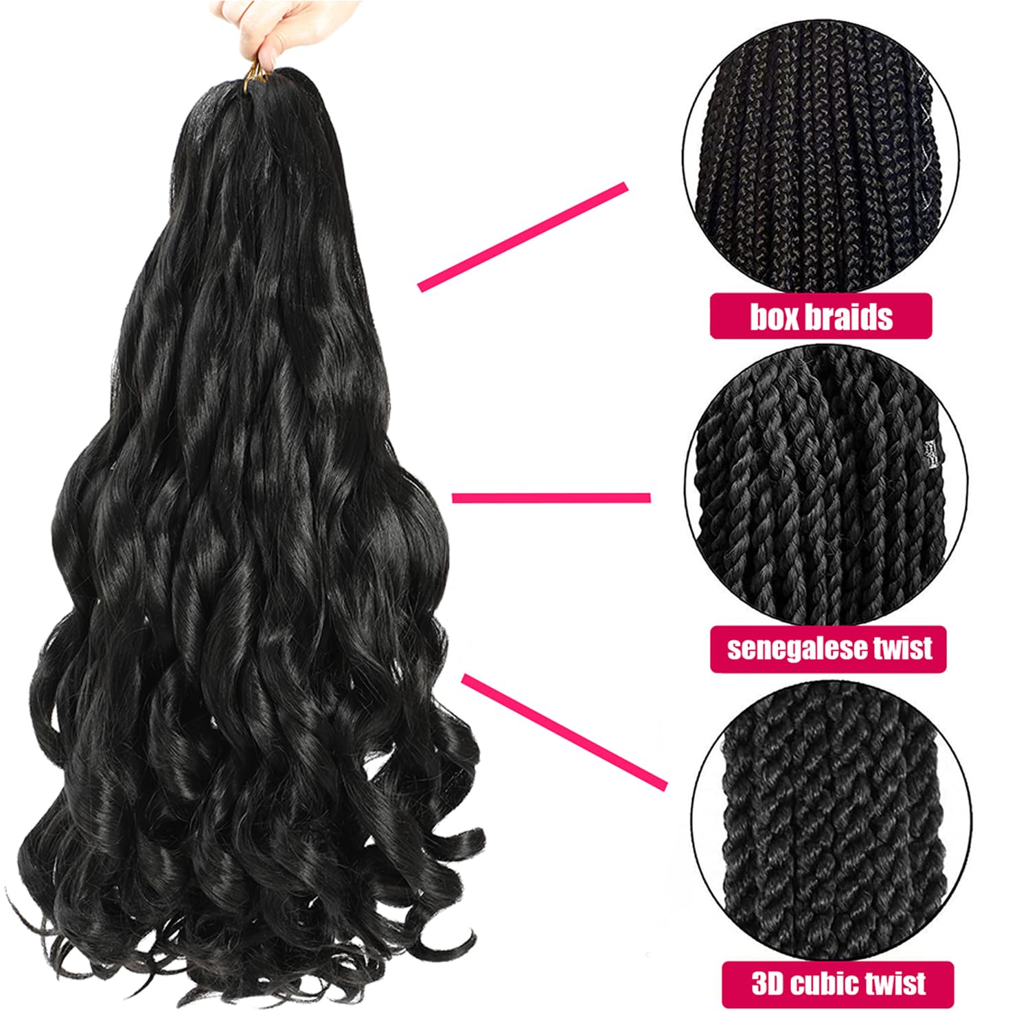 24 Inch French Curly Braiding Hair - Pre-Stretched Bouncy Synthetic Hair Extensions for Black Women | 2 Packs (27 Strands) | Perfect for Protective Styles, Box Braids & Boho Looks