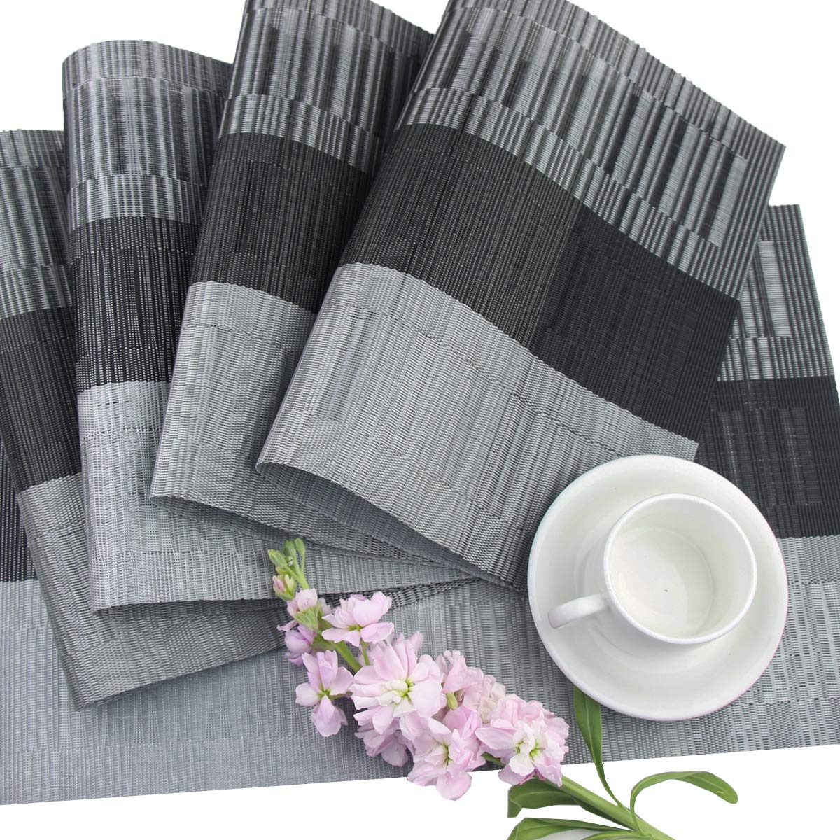 PIGCHCY Washable Vinyl Woven Table Placemats - Set of 4 Elegant Durable Dining Mats for Kitchen, Restaurant & Home Decor (Black) - Perfect for Everyday Meals, Dinner Parties & Holiday Gatherings