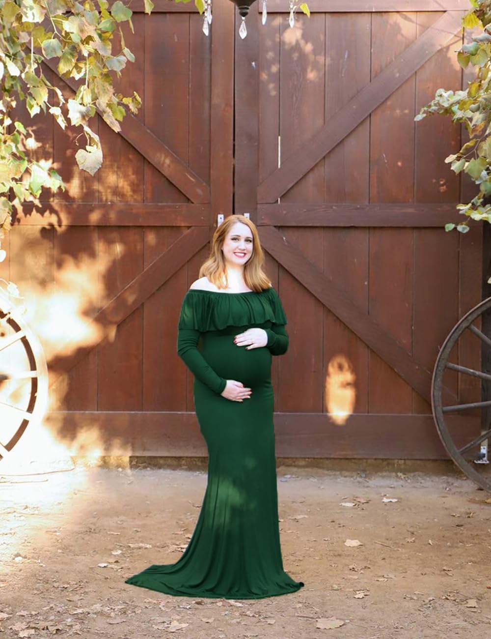 Elegant Maternity Gown - Off Shoulder Long Sleeve Ruffled Maxi Dress for Pregnancy Photoshoot | Slim Fitted Photo Shoot Dress for Baby Shower, Maternity Portraits & Special Occasions