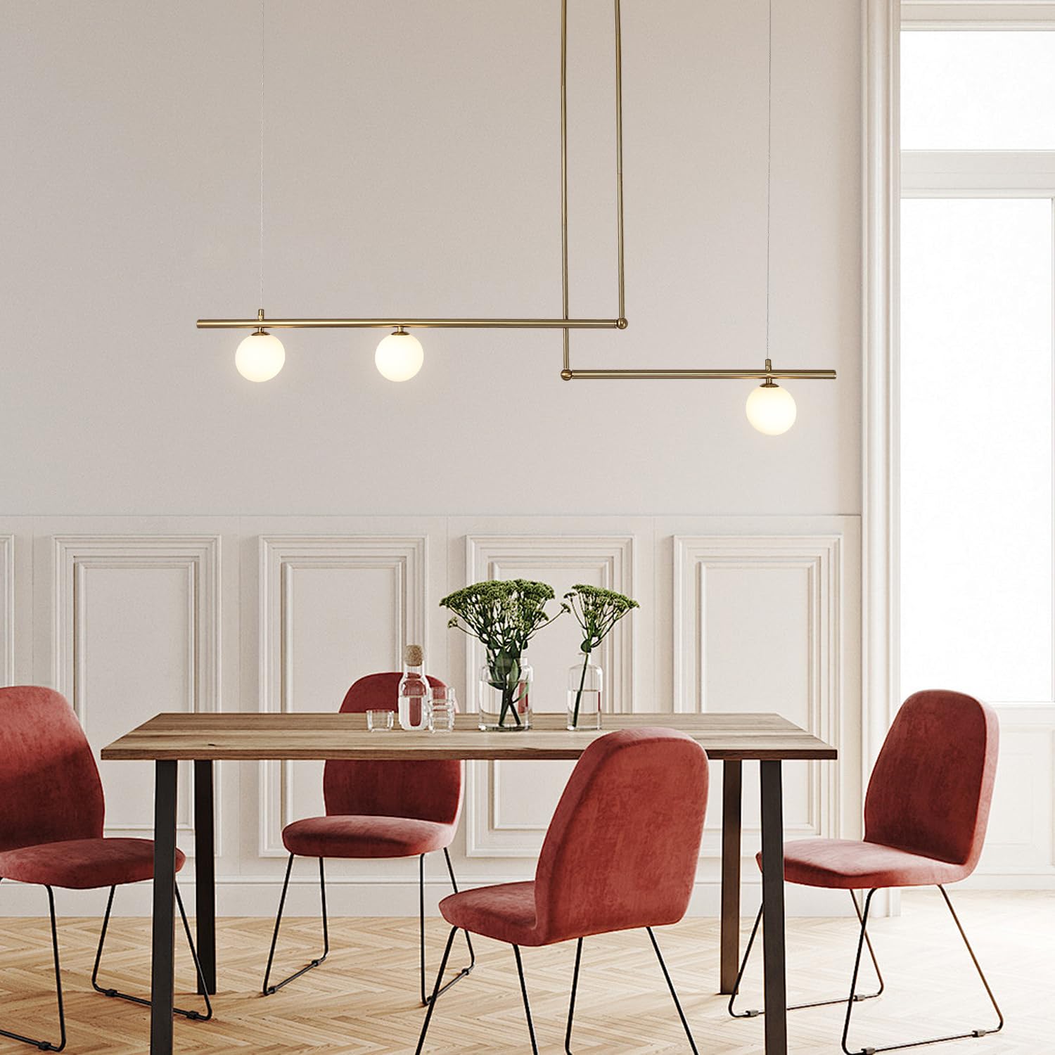 Modern Gold Glass Globe Chandelier - 3-Light Linear Ceiling Pendant Light with Glass Shade for Dining Room, Kitchen Island & Living Room Lighting | Elegant Hanging Light Fixture for Home Decor