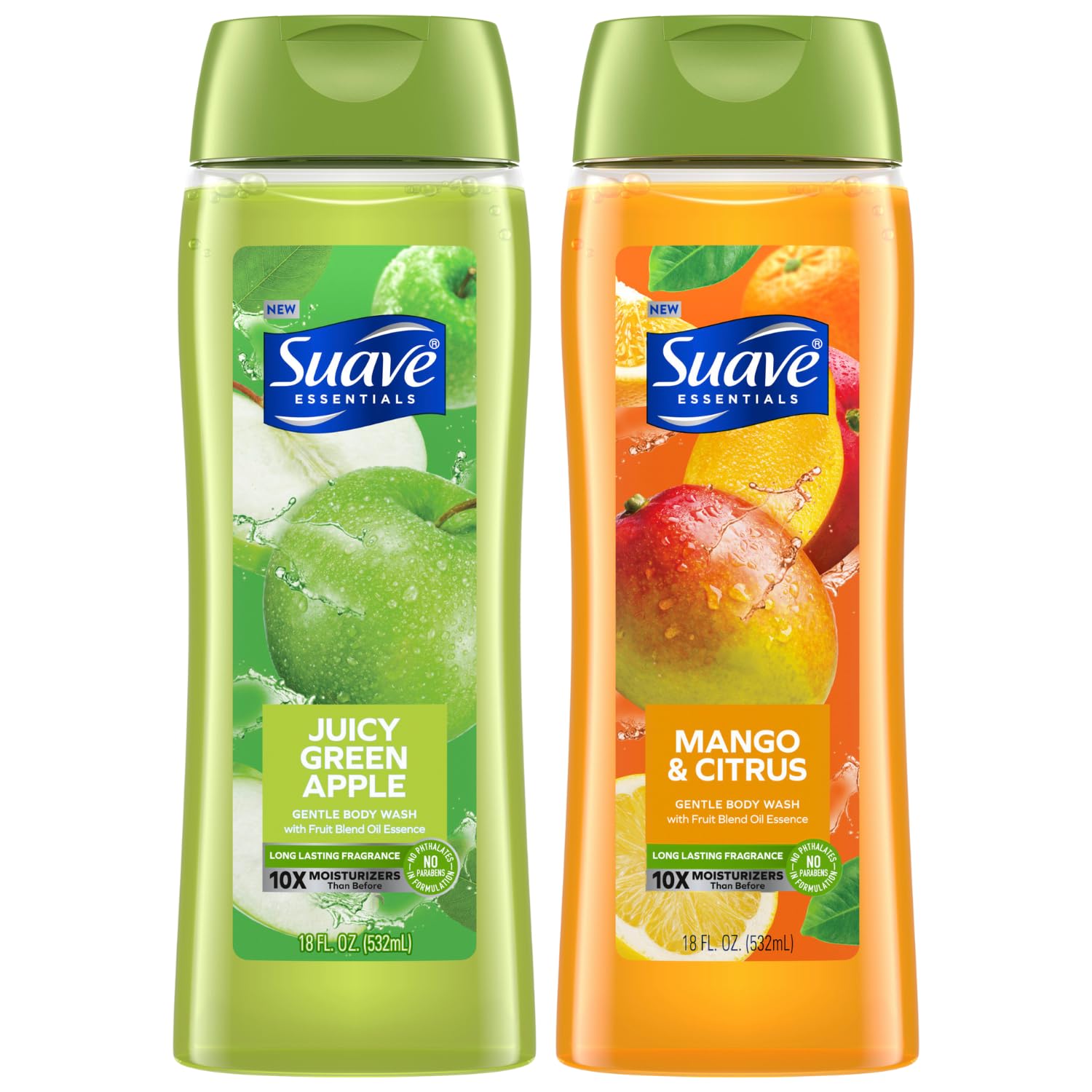 Suave Body Wash Variety 2-Pack, Juicy Green Apple & Mango Citrus - Moisturizing Gentle Body Wash with Natural Fruit Oil Essence, 18 Oz Each - Refreshing Shower Gel for Daily Hydration & Soft Skin