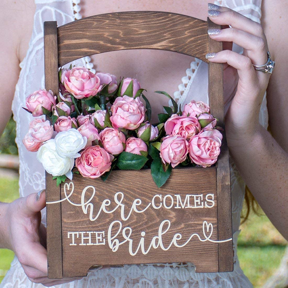 Handmade Rustic Wooden Flower Girl Basket - Perfect for Wedding, Here Comes the Bride Ceremony - Ideal for Boho, Vintage & Country Weddings
