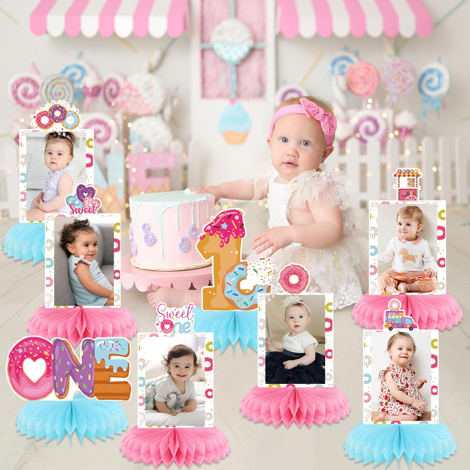 Sweet One Birthday Party Decorations Set - Honeycomb Donut Centerpieces for Tables, First Birthday Photo Backdrop & Party Supplies - Perfect for Girls' 1st Birthday, Baby Shower & Dessert-Themed Celebrations
