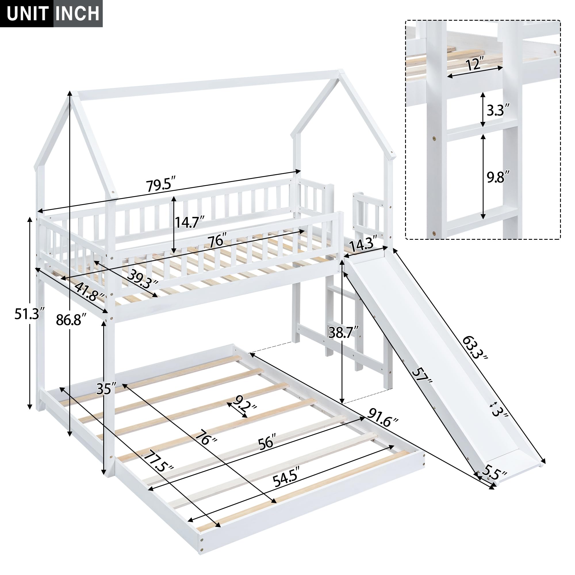 Wooden Twin Over Full Bunk Bed with Slide - Kids House Style Bunk Bed with Roof for Boys & Girls Bedroom - No Box Spring Needed - White - Perfect for Small Spaces & Sleepovers