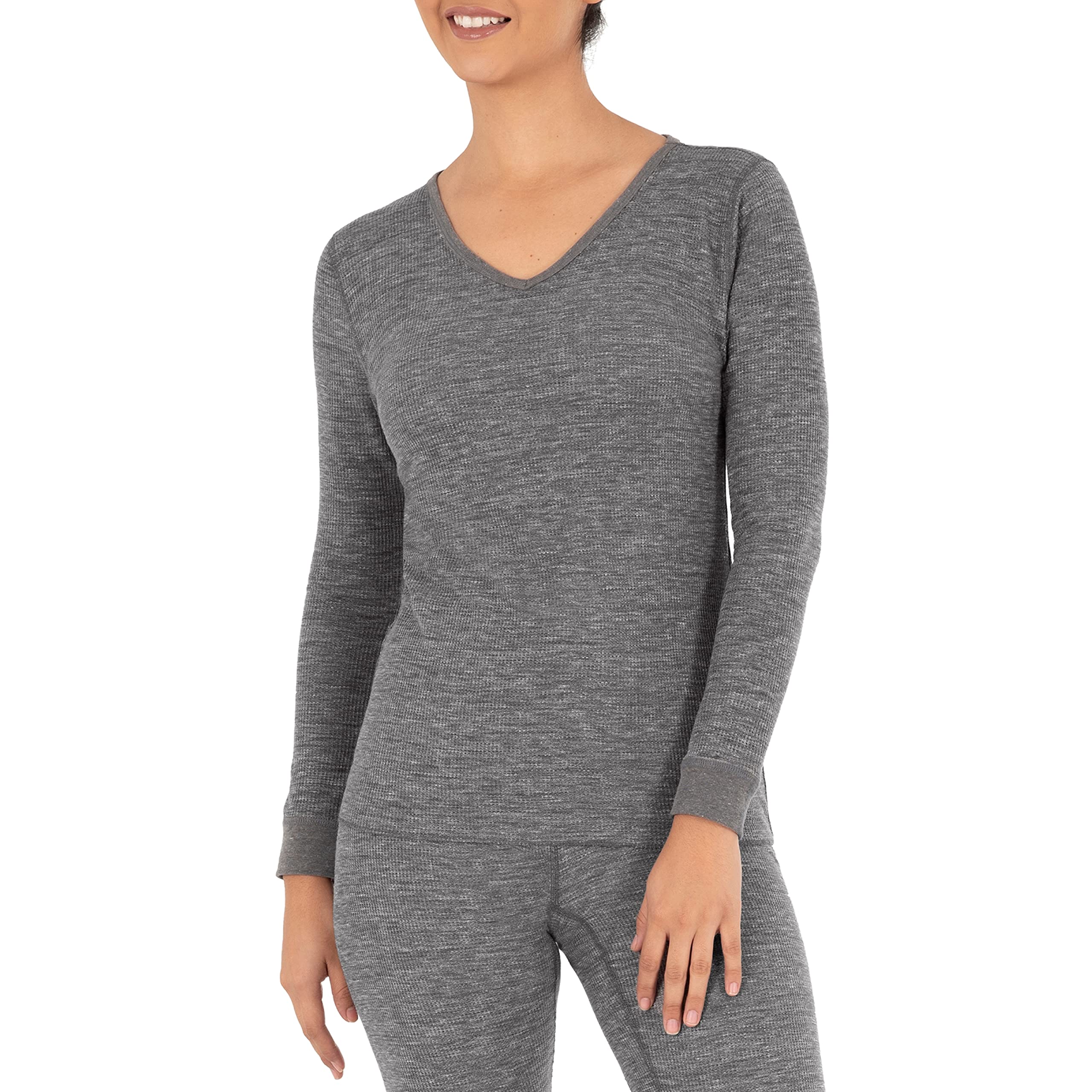 Fruit of the Loom Women's Micro Waffle Thermal V-Neck Long Sleeve Shirt - Soft Winter Warm Layering Top for Work, Hiking & Casual Outfits