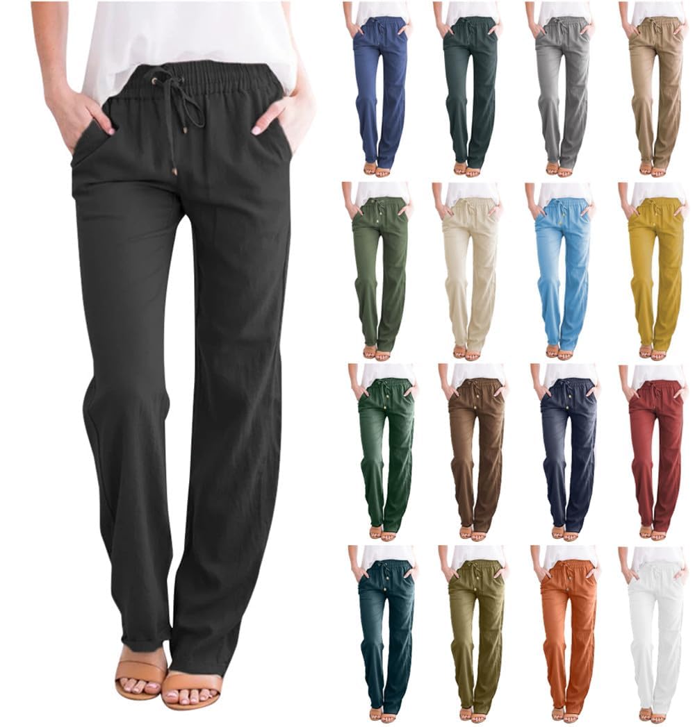 Women's Cotton Linen Casual Pants - Comfy Straight Leg Palazzo Trousers for Travel & Lounge
