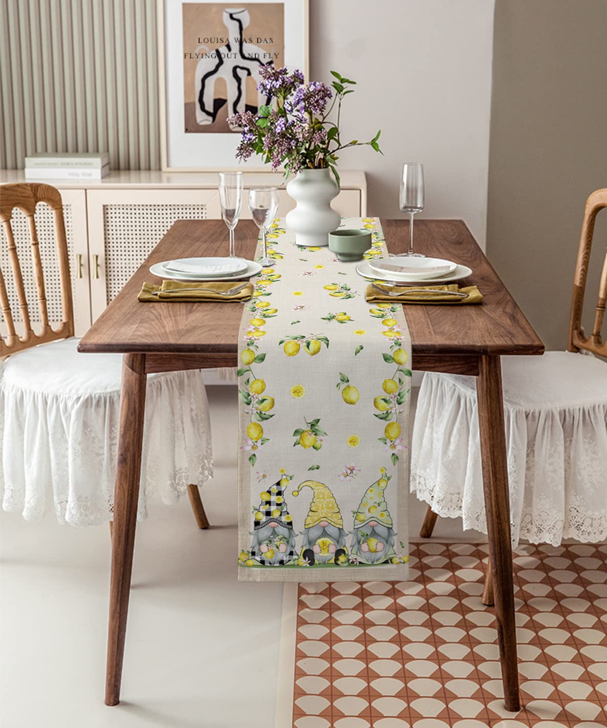 Farmhouse Lemon Gnomes Table Runner 48 Inches - Black & White Checkered Burlap Cotton Tablecloth for Kitchen, Dining, Coffee Tables - Perfect for Spring Summer Decor, Weddings & Home Parties