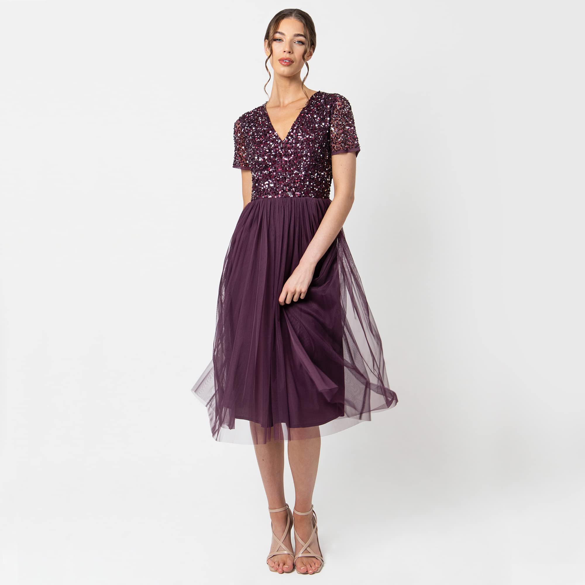Maya Deluxe Women's V-Neck Midi Bridesmaid Dress with Elegant Decorations - Perfect for Weddings, Formal Events & Special Occasions