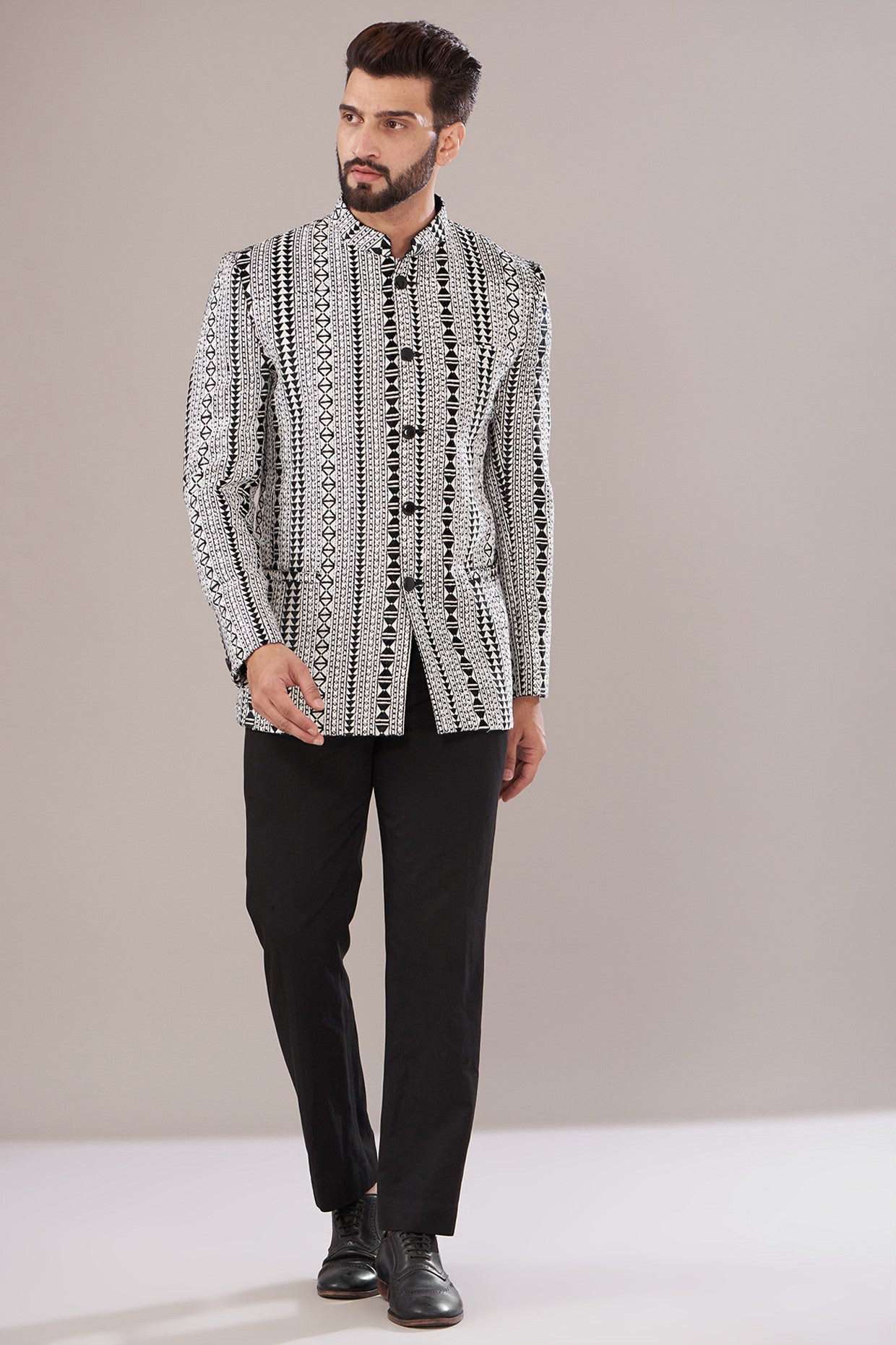 Navy Blue & White Velvet Embroidered Bandhgala Jacket for Men | Traditional Indian Wedding Sherwani | Perfect for Festivals, Ceremonies & Special Occasions