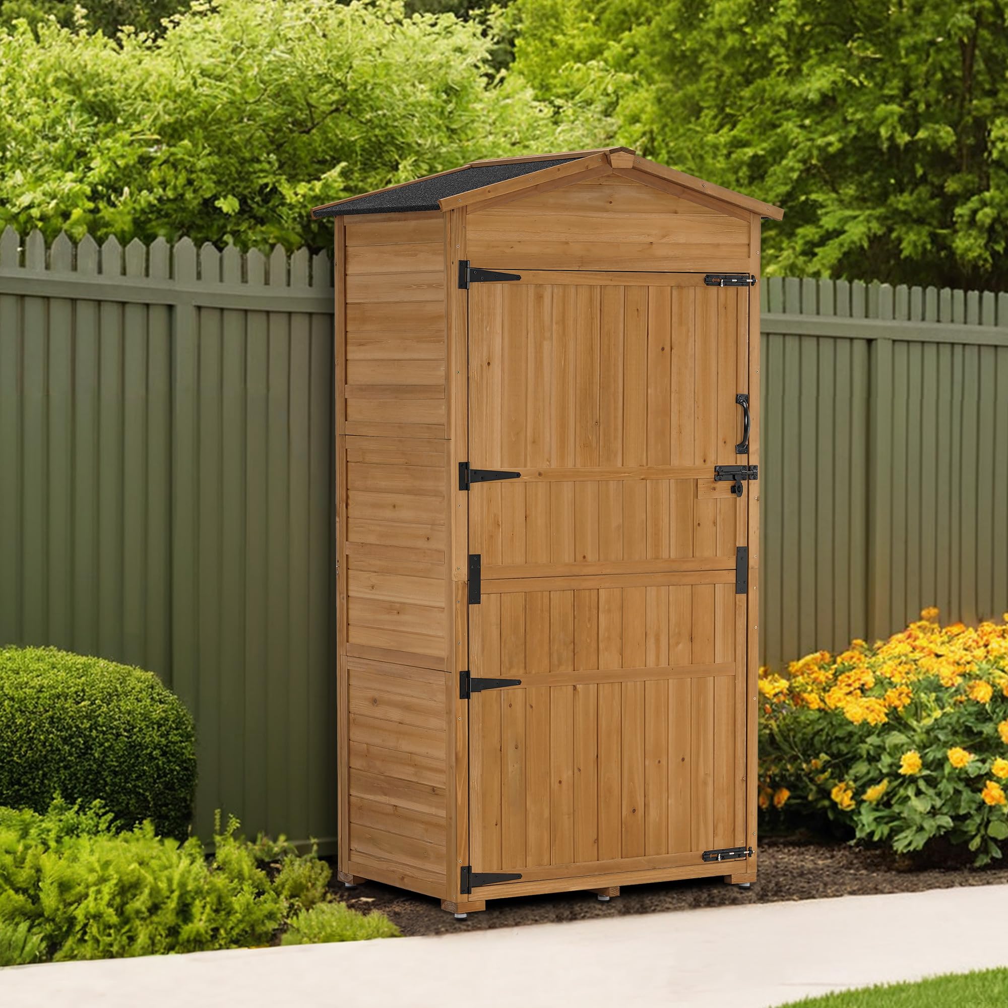 MCombo Large Outdoor Storage Cabinet with Folding Table - Oversized Wooden Garden Shed with Shelves & Lock - Weatherproof Patio Yard Storage for Tools, Lawn Equipment & Outdoor Gear - Perfect for Backyard, Garage & Poolside Organization