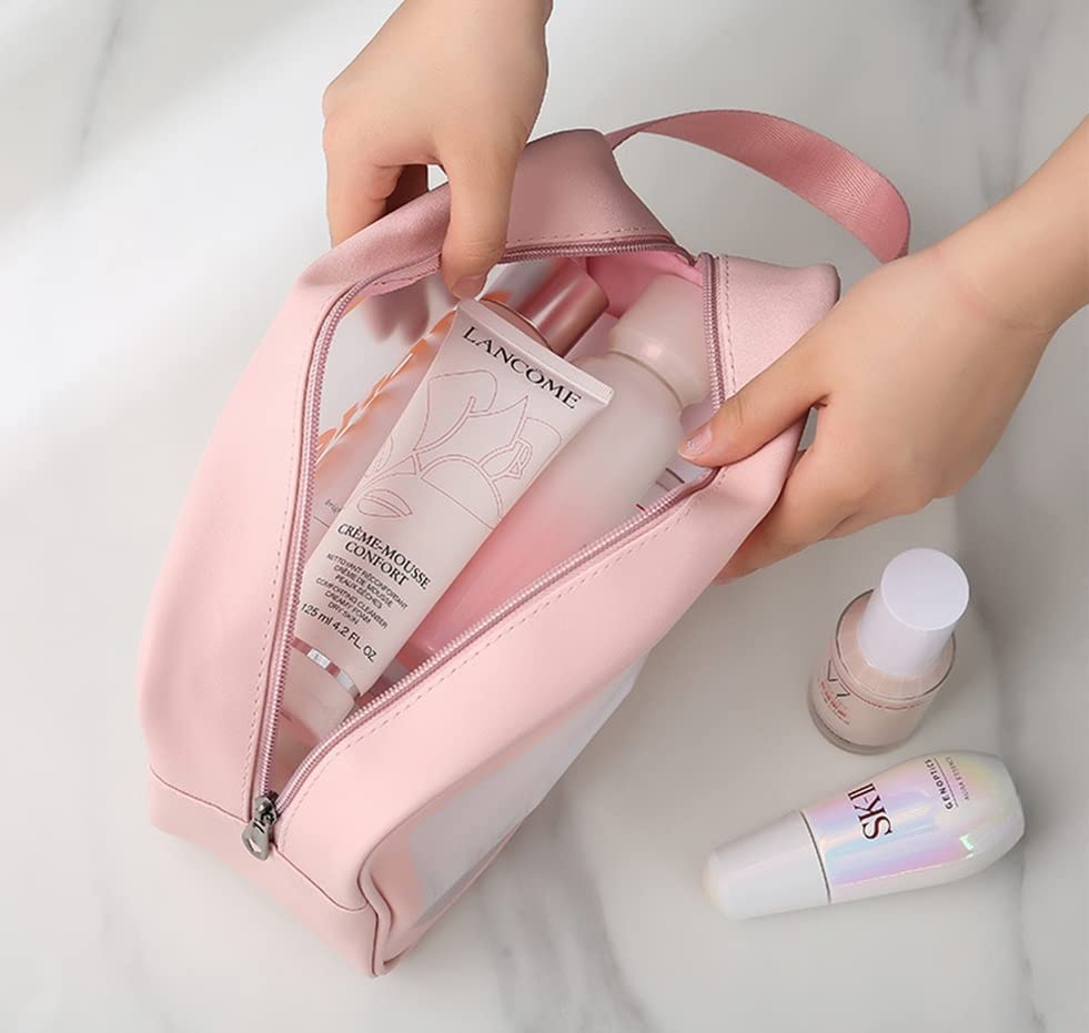Clear Toiletry Bag for Travel - Transparent Cosmetic Makeup Organizer with Zipper, Waterproof Wash Bag for Women & Men, Small Pink Portable Grooming Kit - Perfect for Airplane Carry-on, Gym, Beach & Daily Use