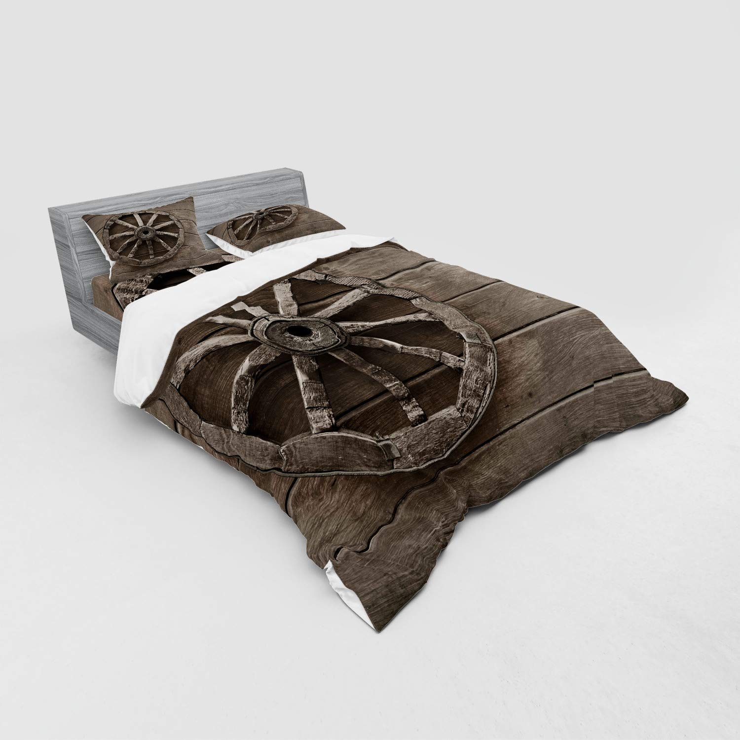 Ambesonne Vintage Barn Wood Wagon Wheel 4-Piece Queen Bedding Set - Western Style Duvet Cover with Shams & Fitted Sheet in Umber Brown | Perfect for Rustic Farmhouse, Country Cabin & Western Themed Bedrooms
