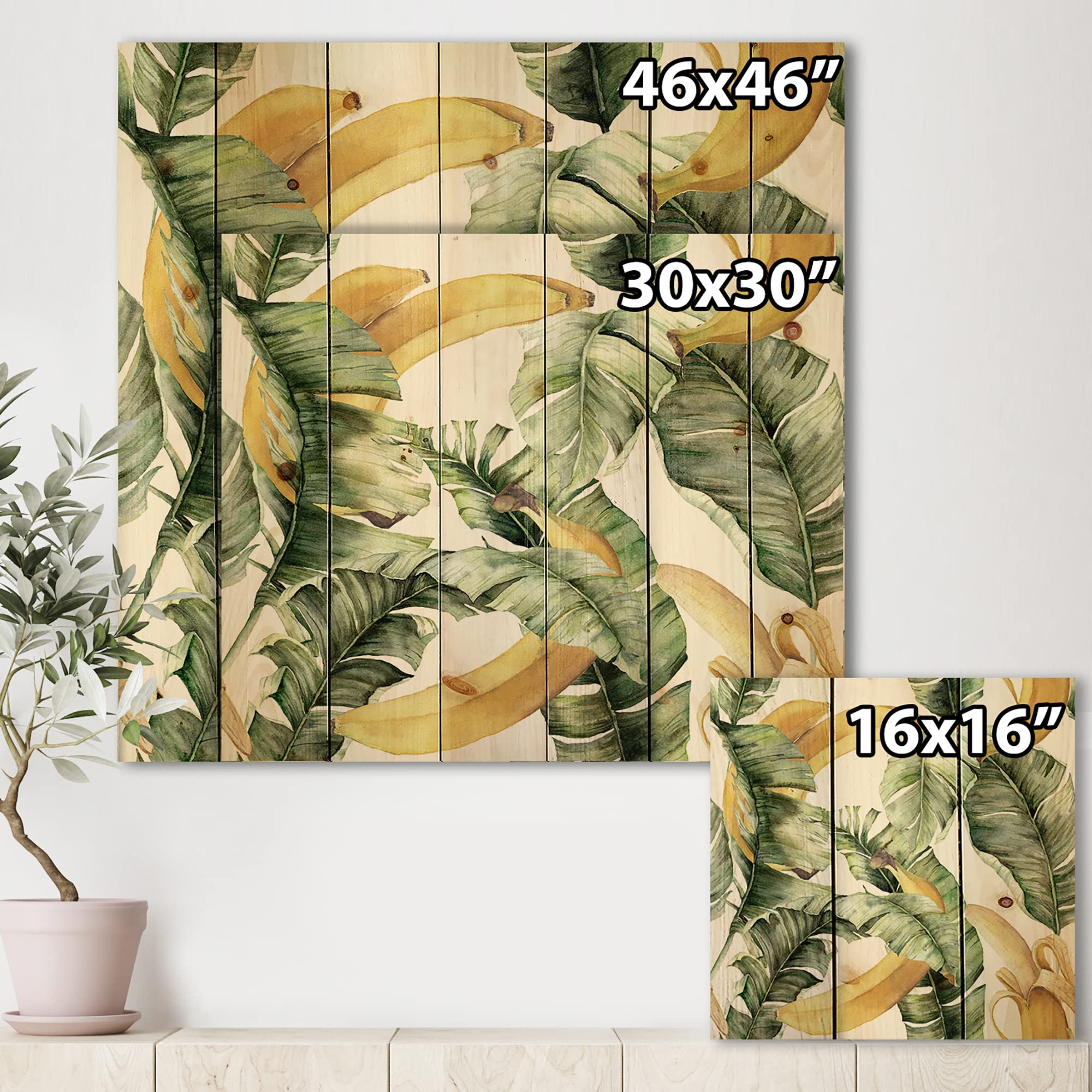 DesignQ Ripe Bananas with Leaves Wood Wall Art - Coastal & Nautical Decor, Large Floral Pine Wood Wall Panels for Living Room, Bedroom, Kitchen & Office Decoration