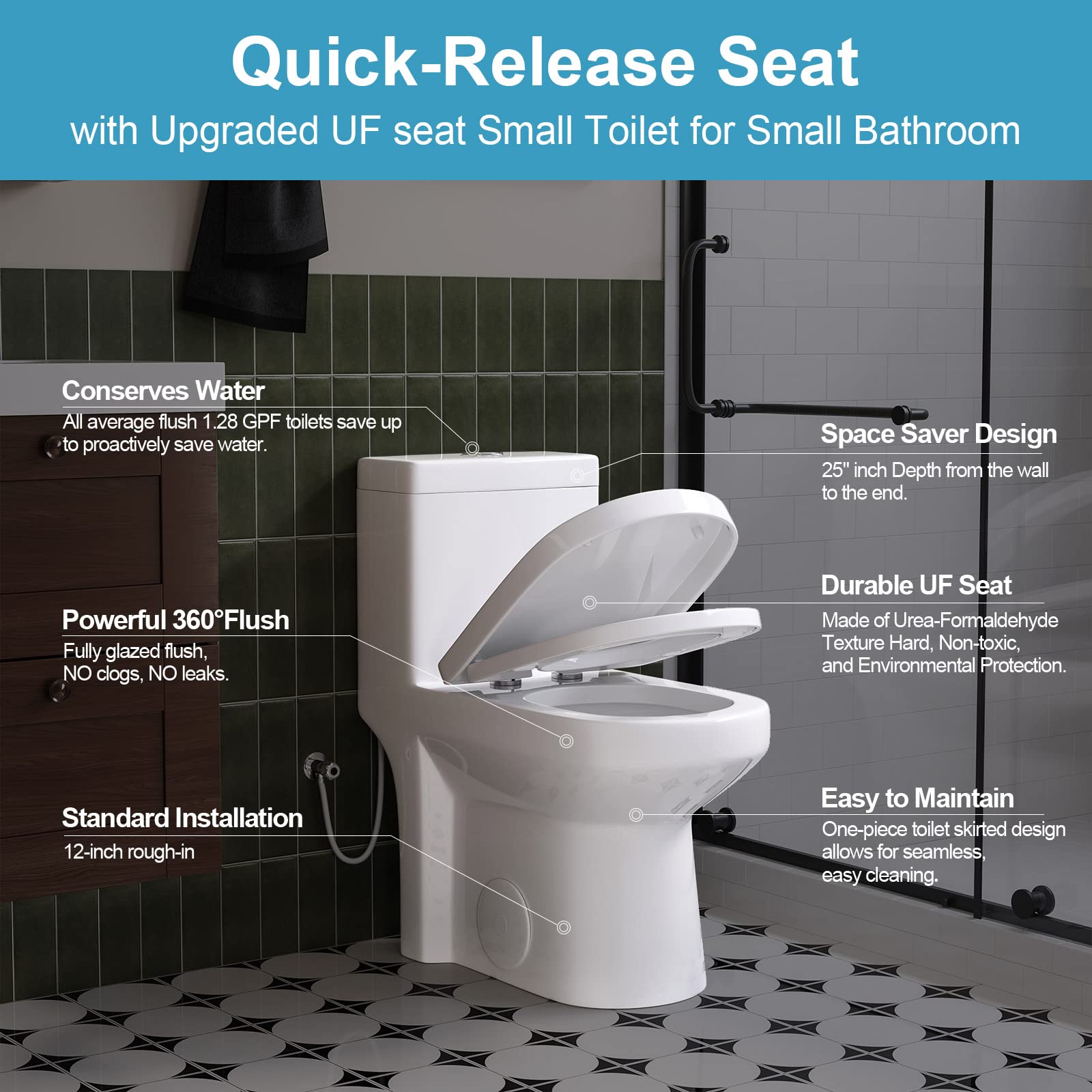 HOROW HWMT-8733U Compact One-Piece Toilet with Power Dual Flush | Water-Saving Bathroom Toilet | Soft-Closing Quick Release Seat | 12'' Rough-In White Toilet Bowl | Perfect for Small Bathrooms & Space-Saving Solutions