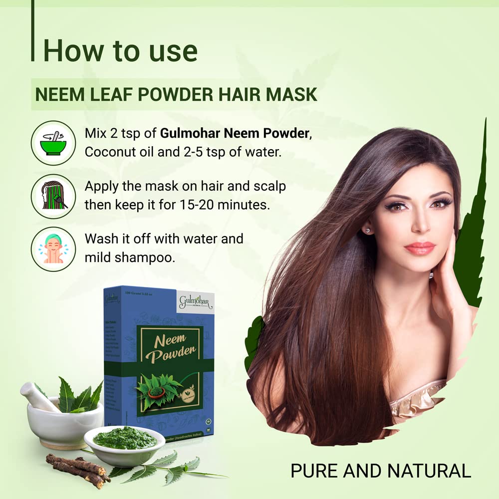 Gulmohar Natural Neem Powder for Hair Cleansing & Acne-Free Clear Skin - 100g | Organic Ayurvedic Treatment for Dandruff, Scalp Care & Face Mask
