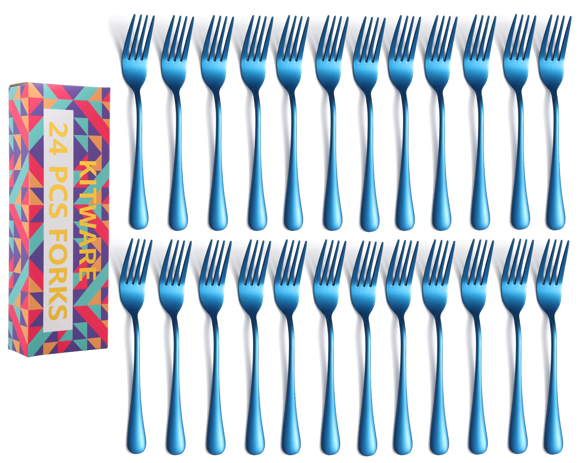 24-Piece Blue Stainless Steel Dinner Forks Set - 8 Inch Food Grade Silverware for Home, Kitchen & Restaurant Use - Durable Salad Forks for Everyday Dining, Parties & Catering Events (Hand Wash Recommended)