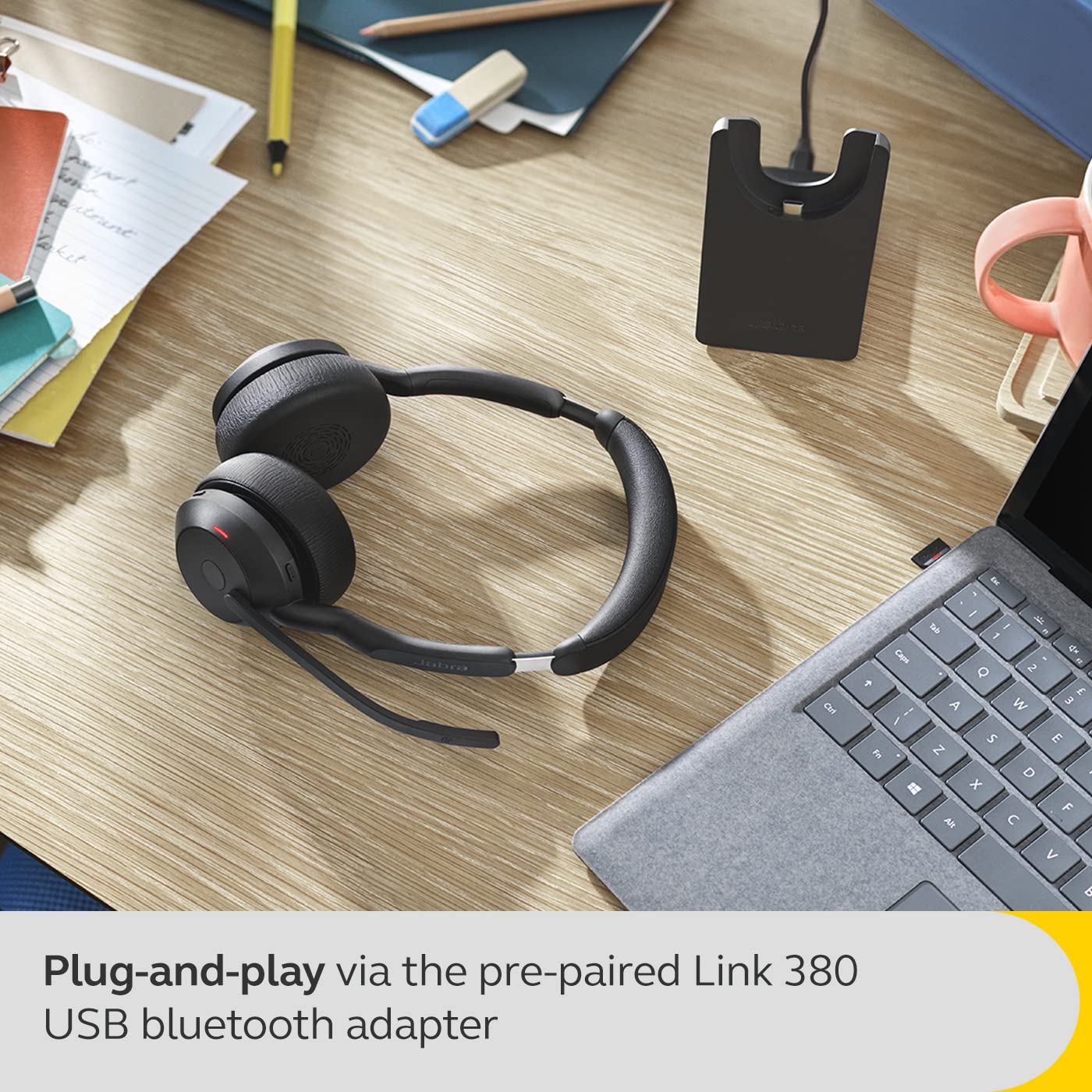 Jabra Evolve2 55 Stereo Wireless Headset with AirComfort Technology - Active Noise Cancelling Headphones with Dual Microphones - MS Teams Certified & Multi-Platform Compatible (Black) - Perfect for Remote Work, Online Meetings & Office Use