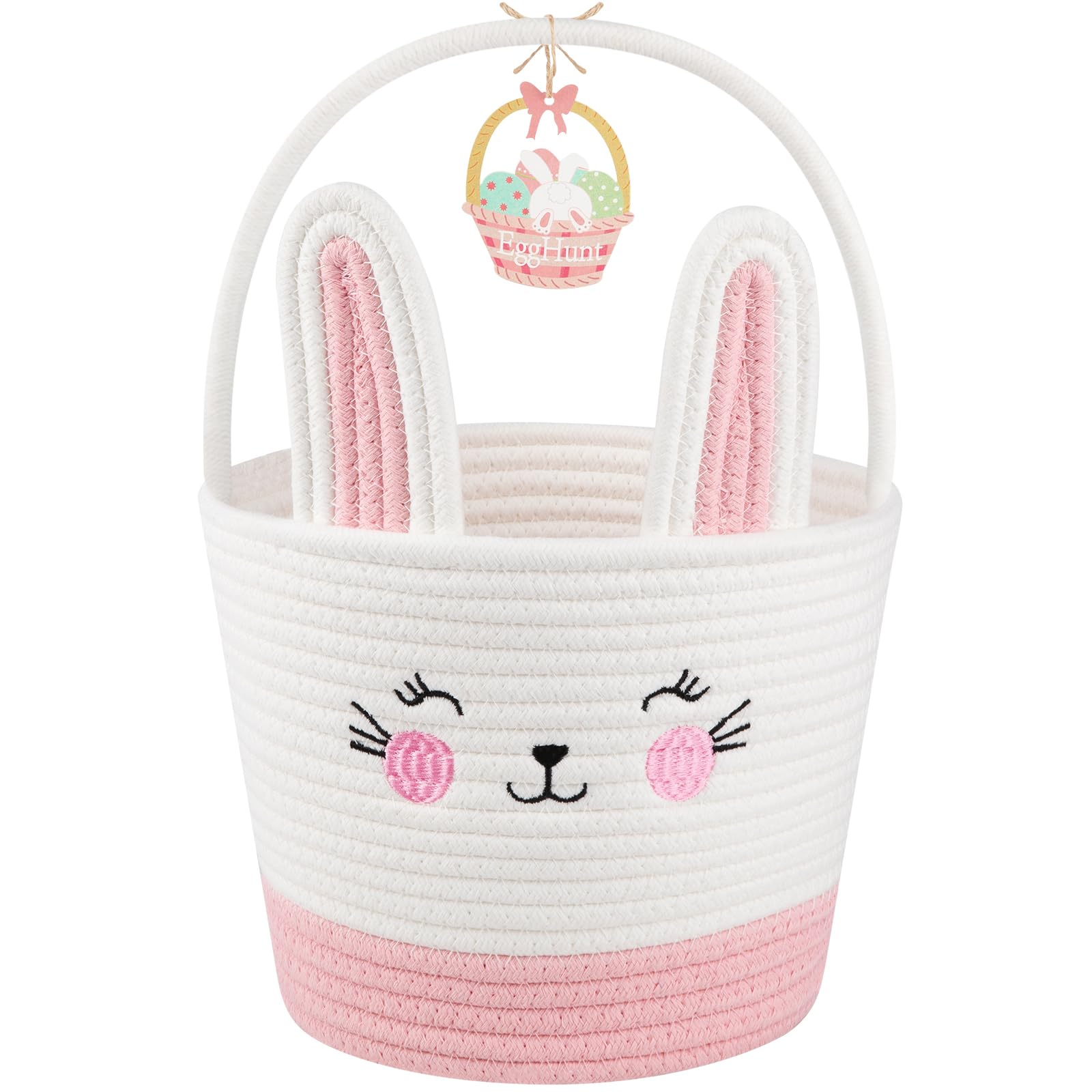 Personalized Easter Basket for Toddlers - Woven Baby Easter Gift Basket with Handle - Empty Bunny Egg Basket for Girls, Boys & Kids - Pink & White - Perfect for Easter Egg Hunts, Party Favors & Spring Decorations