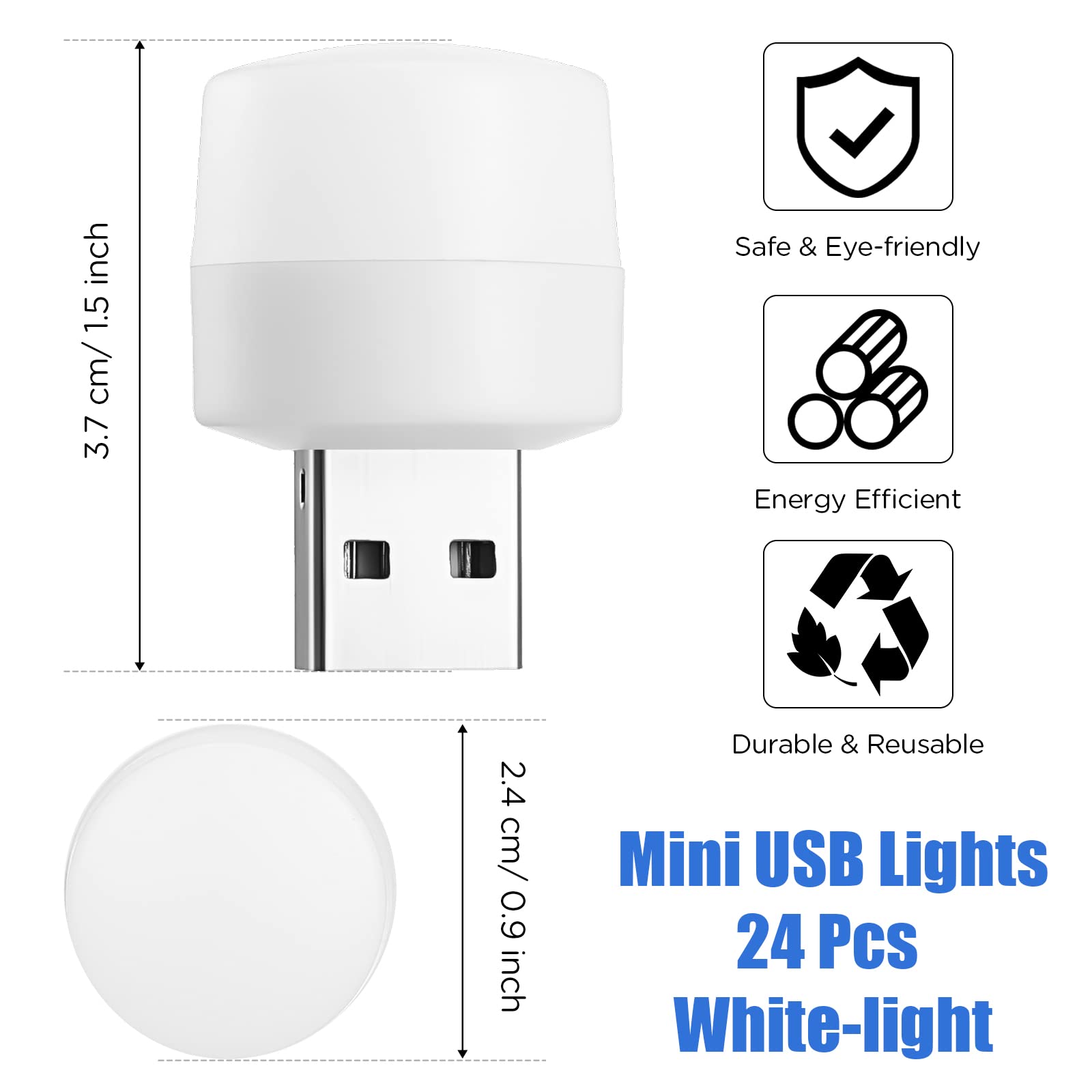 24-Pack Mini USB Night Lights - White Round LED Plug-in Nightlight for Kids Bedroom, Nursery, Hallway & Kitchen | Portable Atmosphere Lighting for Dorm, Home & Office Use