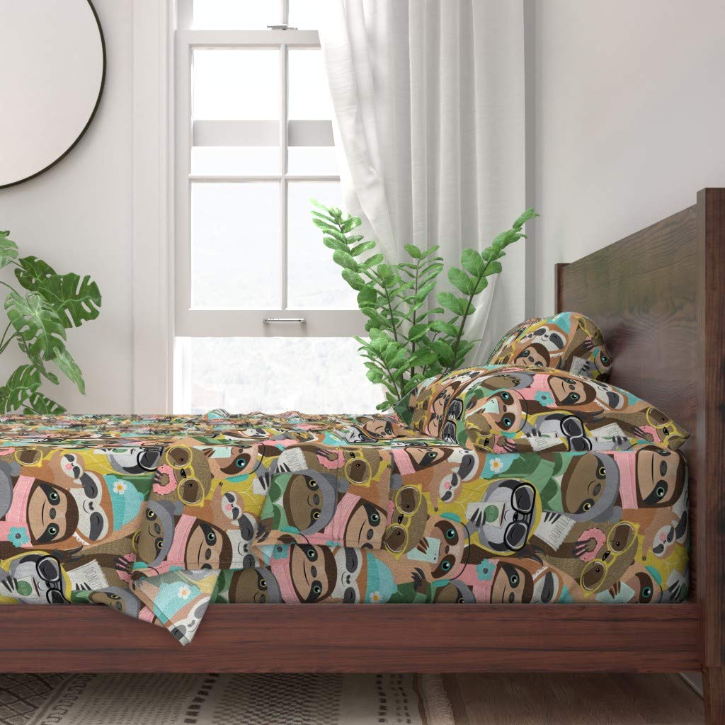 Big City Sloths & Donut Print 100% Cotton Twin 3-Piece Sheet Set | Whimsical Nursery & Kids Room Bedding | Soft, Breathable & Customizable for Cozy Sleep
