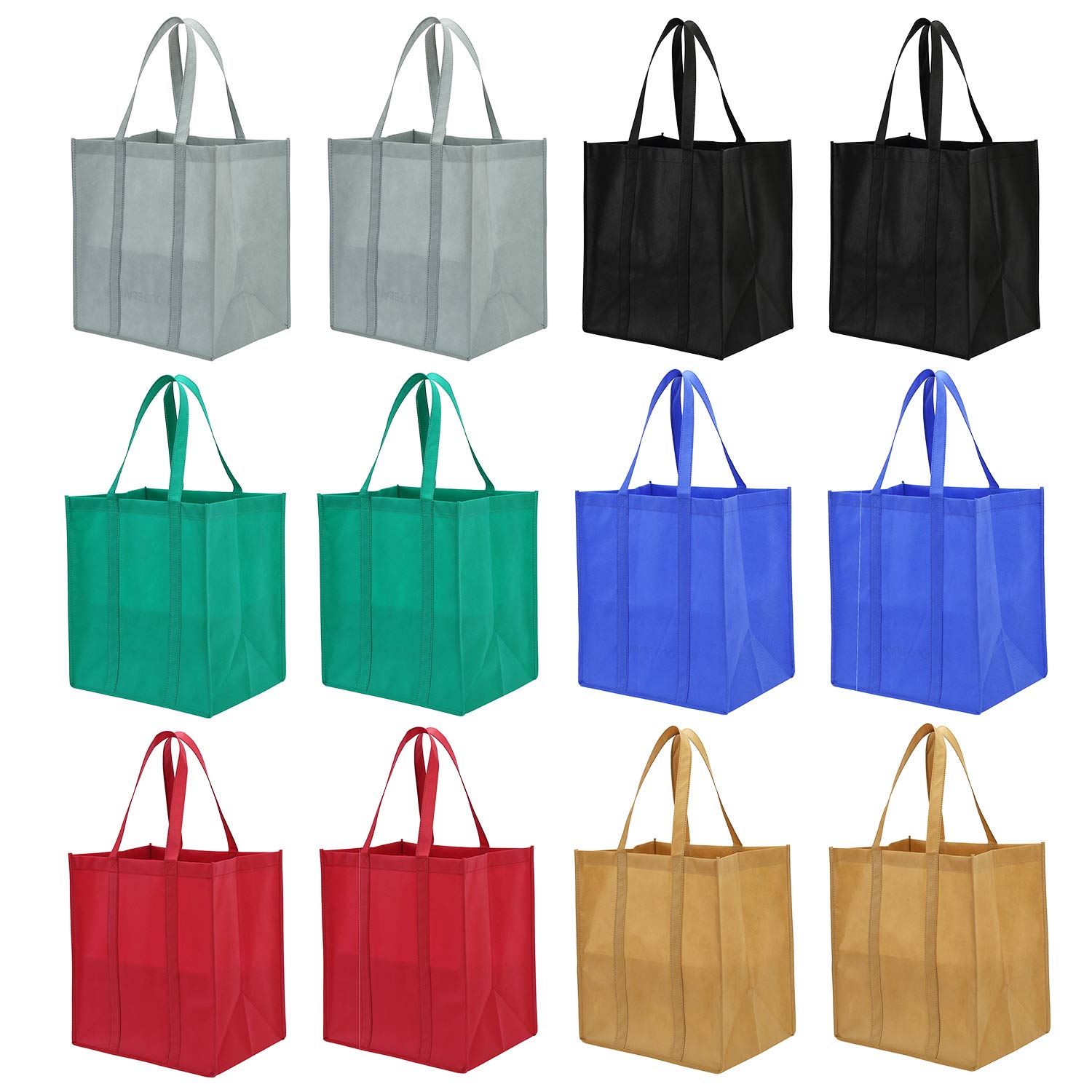 Lawei 12 Pack Heavy Duty Reusable Grocery Bags - Large Foldable Shopping Totes with Reinforced Handles (6 Assorted Colors, 2 Each) - Perfect for Grocery Shopping, Farmers Market & Eco-Friendly Errands
