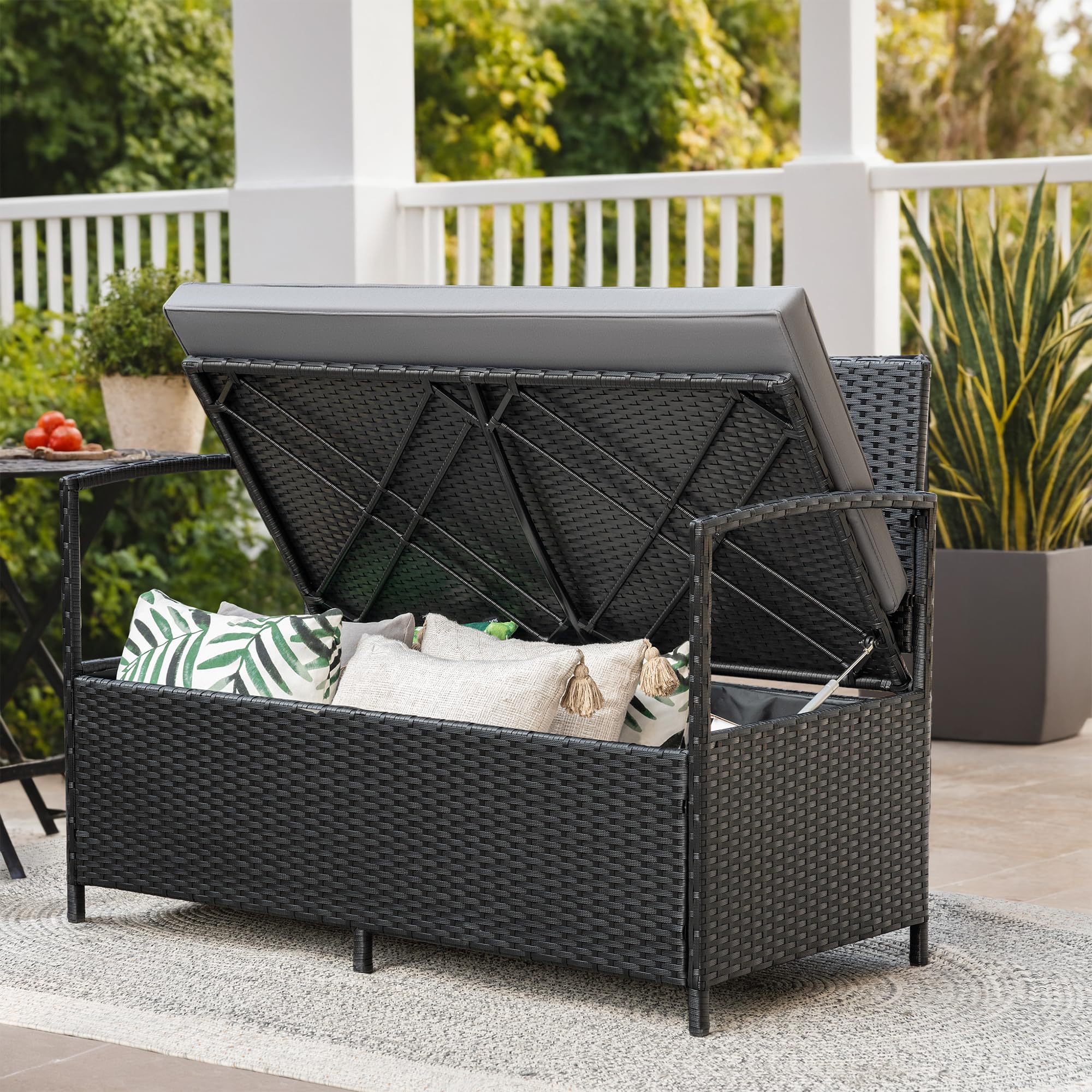 Flamaker All-Weather Wicker Patio Loveseat - Outdoor Rattan Conversation Bench with Storage & Cushions - Perfect for Backyard, Porch, Garden & Poolside Relaxation (Black)