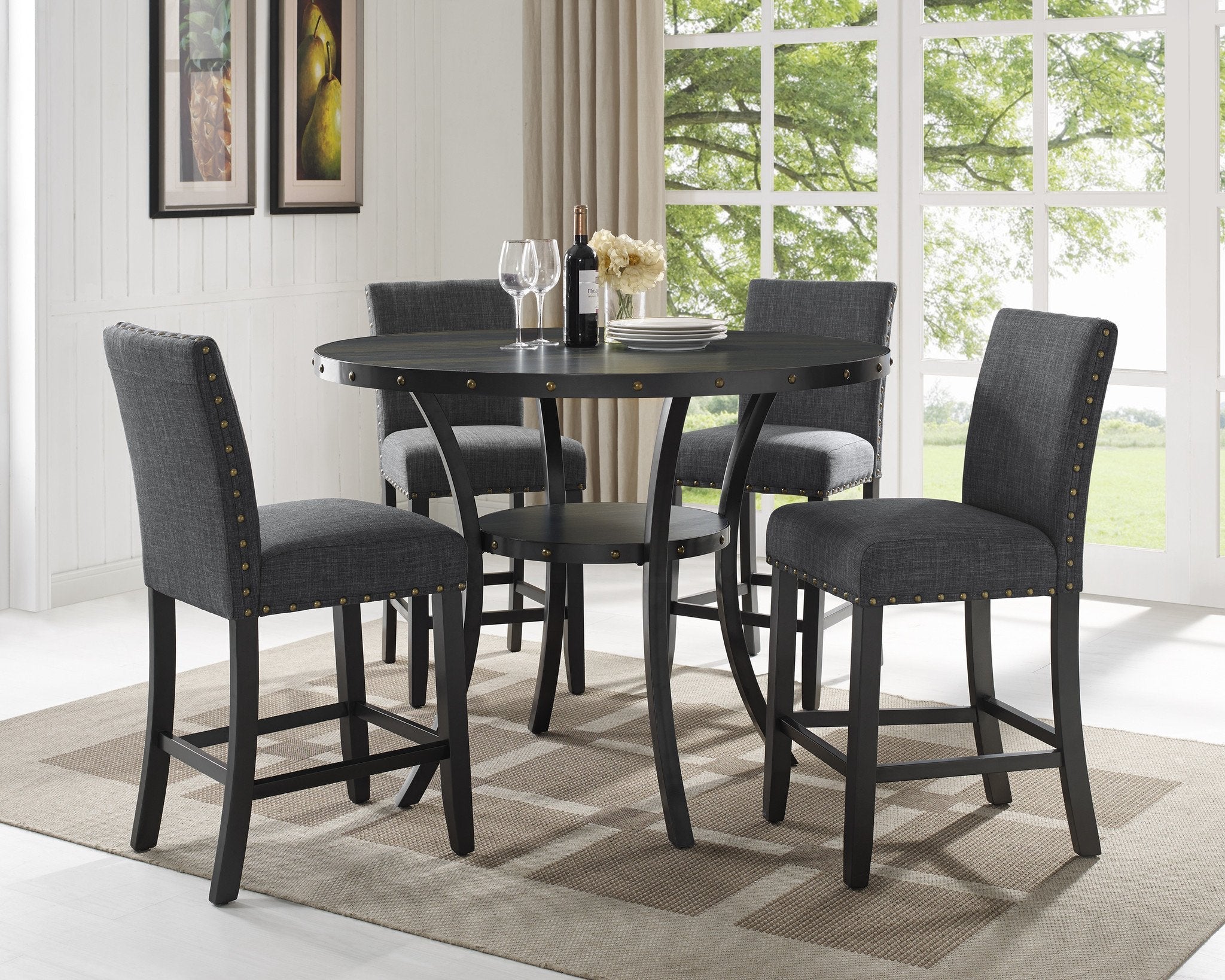 Roundhill Furniture Biony Fabric Counter Height Bar Stools with Nailhead Trim - Set of 2, Gray - Modern Kitchen Island & Breakfast Bar Seating for Home & Restaurant Use