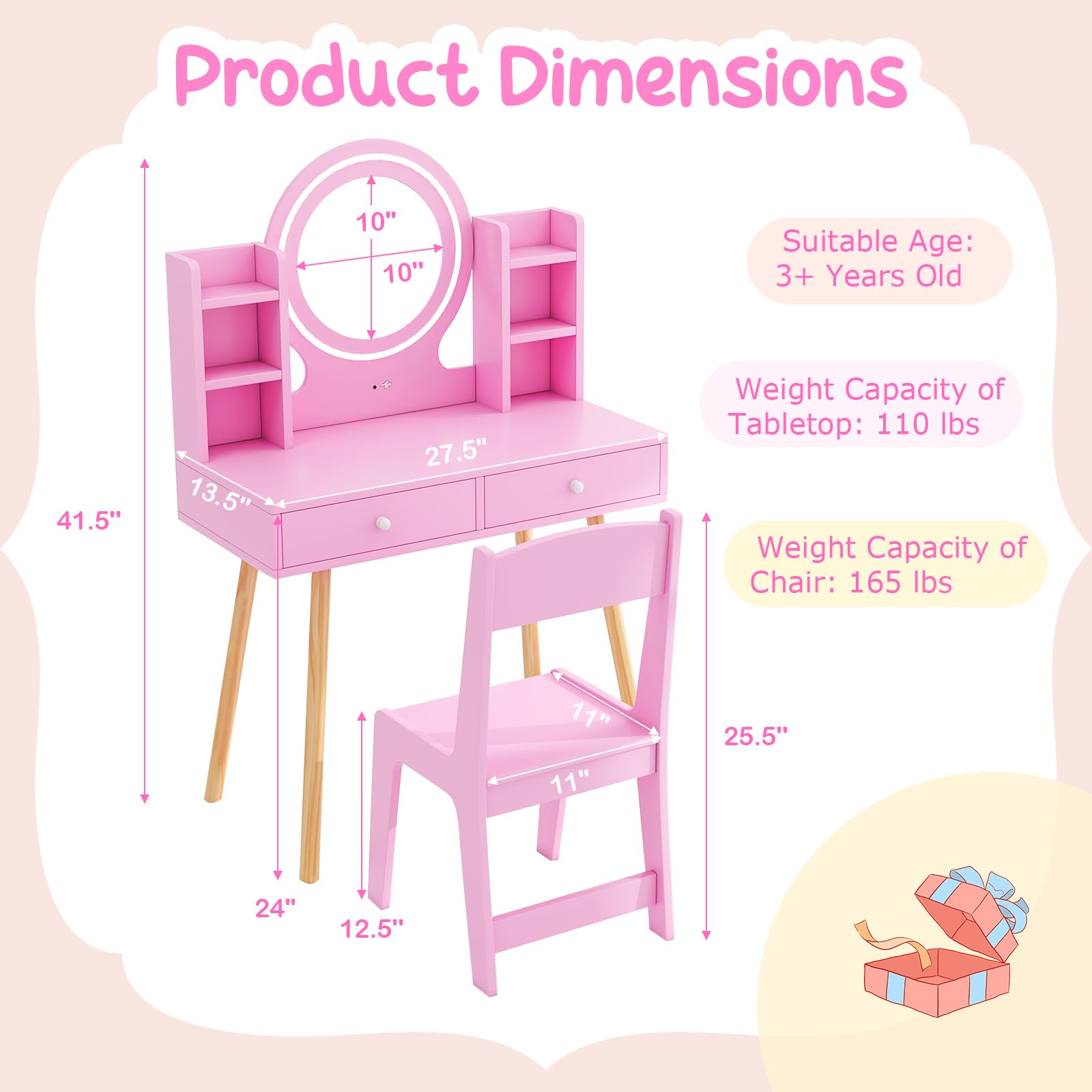 Costzon Pink Wooden Kids Vanity Set with Mirror, Stool, Lights & Storage - Toddler Makeup Dressing Table for Pretend Play, Birthday Gifts for Girls - Perfect for Bedroom Decor & Role Play Activities