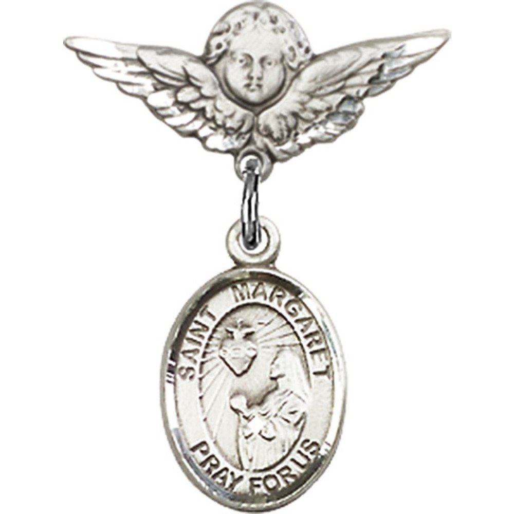 St. Margaret Mary Alacoque Sterling Silver Baby Badge with Angel Charm - 7/8 X 3/4 Inch Religious Pin for Baptism, First Communion & Christening Gifts