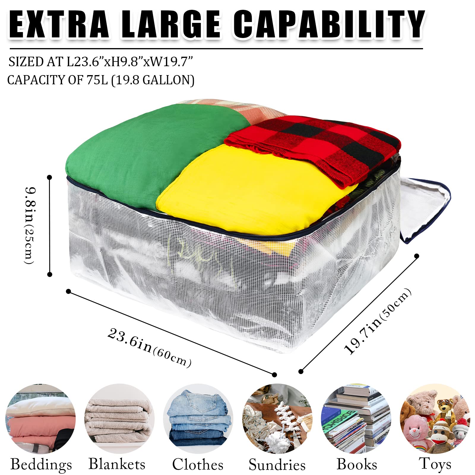 75L Extra Large Clear Storage Bags with Zipper - Space Saving Closet & Underbed Organizer for Clothes, Bedding, Comforters, Toys, Pillows & Blankets (2 Pack) | Perfect for Seasonal Storage, Travel & Home Organization