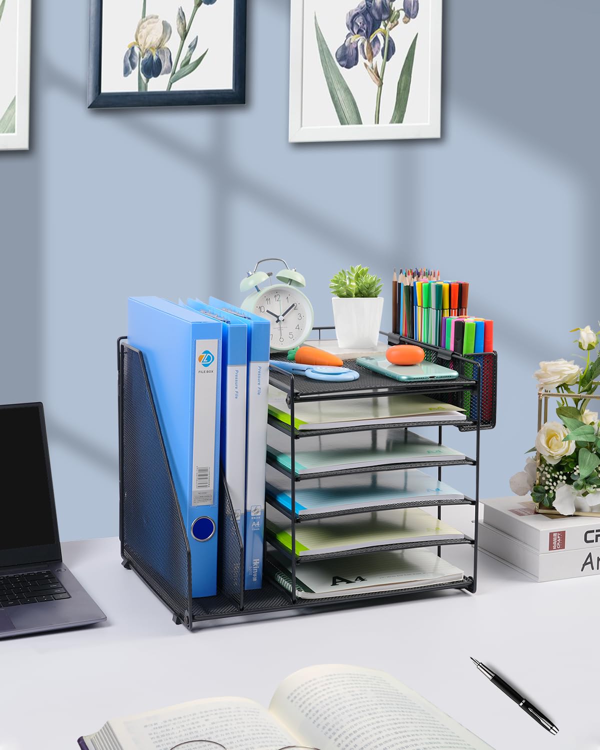 6-Tier Mesh File Organizer for Desk - Paper Tray with File & Pen Holder, Black Office Desk Accessories | Perfect for Workspace Organization & Document Management