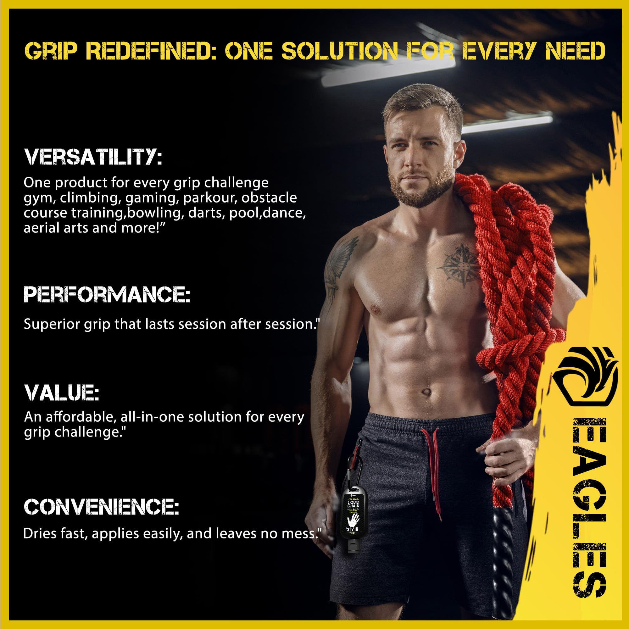EAGLES Pro Grade Liquid Chalk 60ml (1/2/3/4 Pack) - Non-Mess Grip Enhancer for Weightlifting, Gymnastics, Rock Climbing, Pole Dancing & Workouts - Sweat-Resistant Long Lasting Sports Chalk - Perfect for Gym, Home Training & Outdoor Fitness Activities
