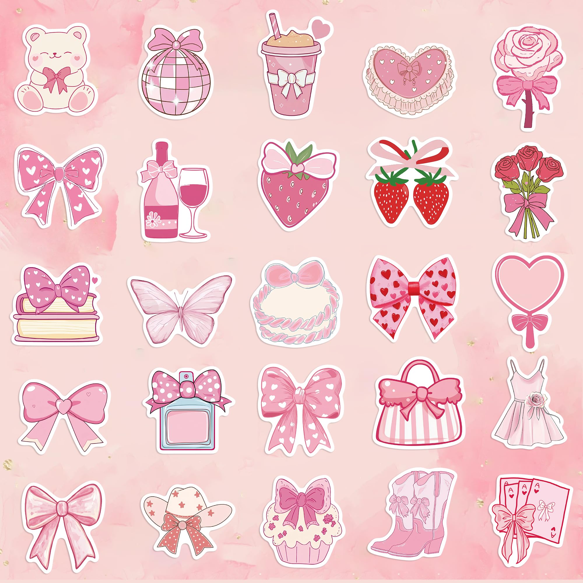 100PCS Pink Aesthetic Stickers Pack - Cute Bow Tie Coquette Stickers for Girls, Waterproof Vinyl Decals for Laptop, Phone, Notebook & Scrapbooking - Kawaii Room Decor & DIY Craft Supplies
