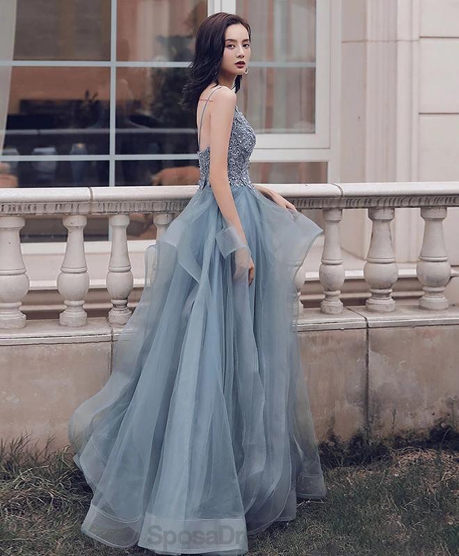 Elegant Dusty Blue V-Neck Spaghetti Strap Lace Beaded Prom Dress | Formal Evening Gown for Homecoming, Wedding, Party | Style 12170