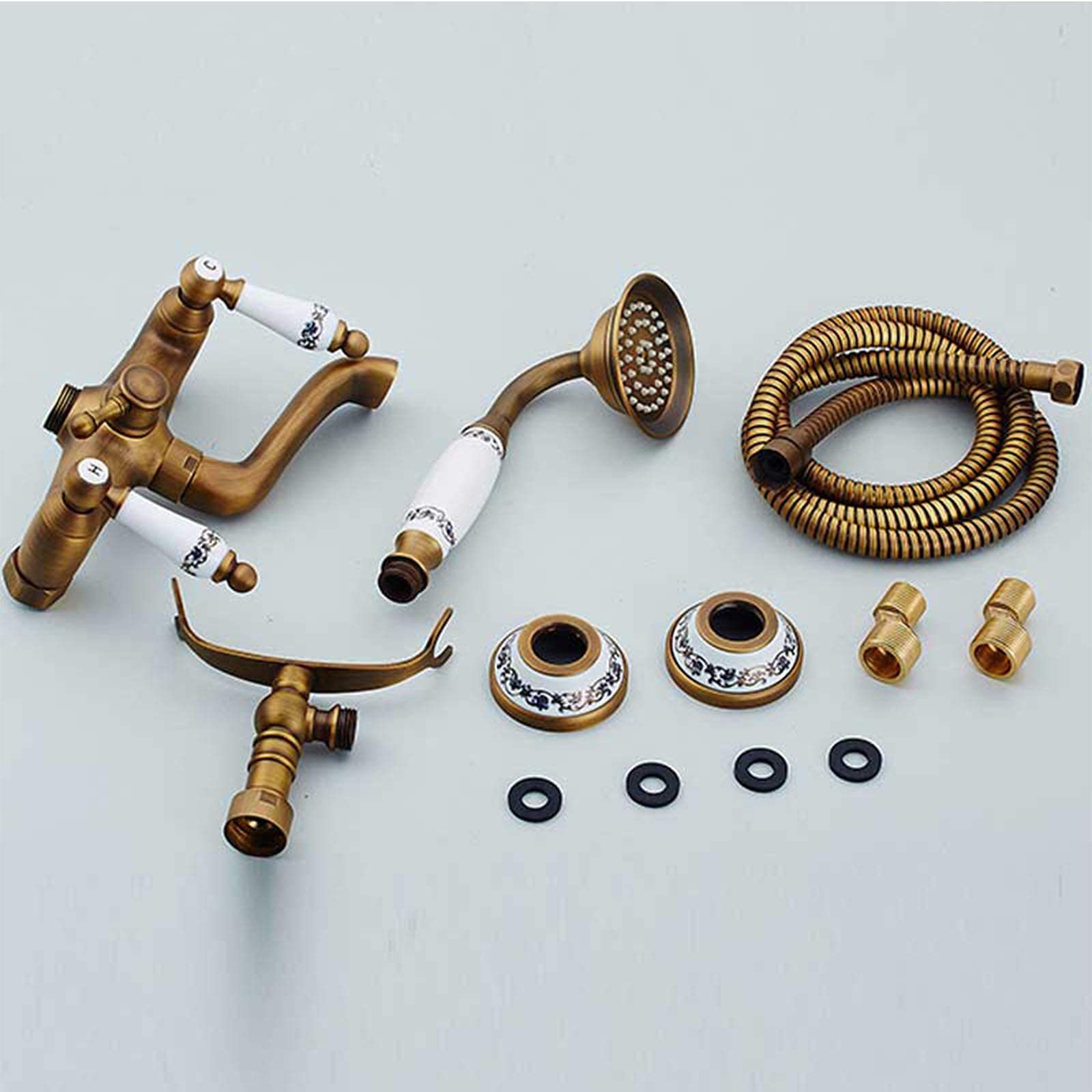 Antique Brass Bathtub Faucet with Handheld Shower - Luxury Wall Mount Tub Mixer Tap with Dual Handles - Vintage Bathroom Fixture for Classic & Modern Bathrooms