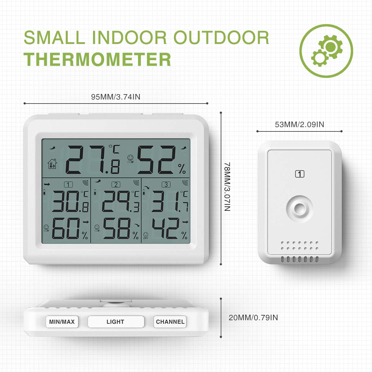 KeeKit Wireless Digital Hygrometer Thermometer with 3 Sensors - Indoor Outdoor Temperature Humidity Monitor with LCD Backlight, Min/Max Records - Perfect for Home, Office, Restaurant, Bar, Cafe, Greenhouse & Wine Cellar