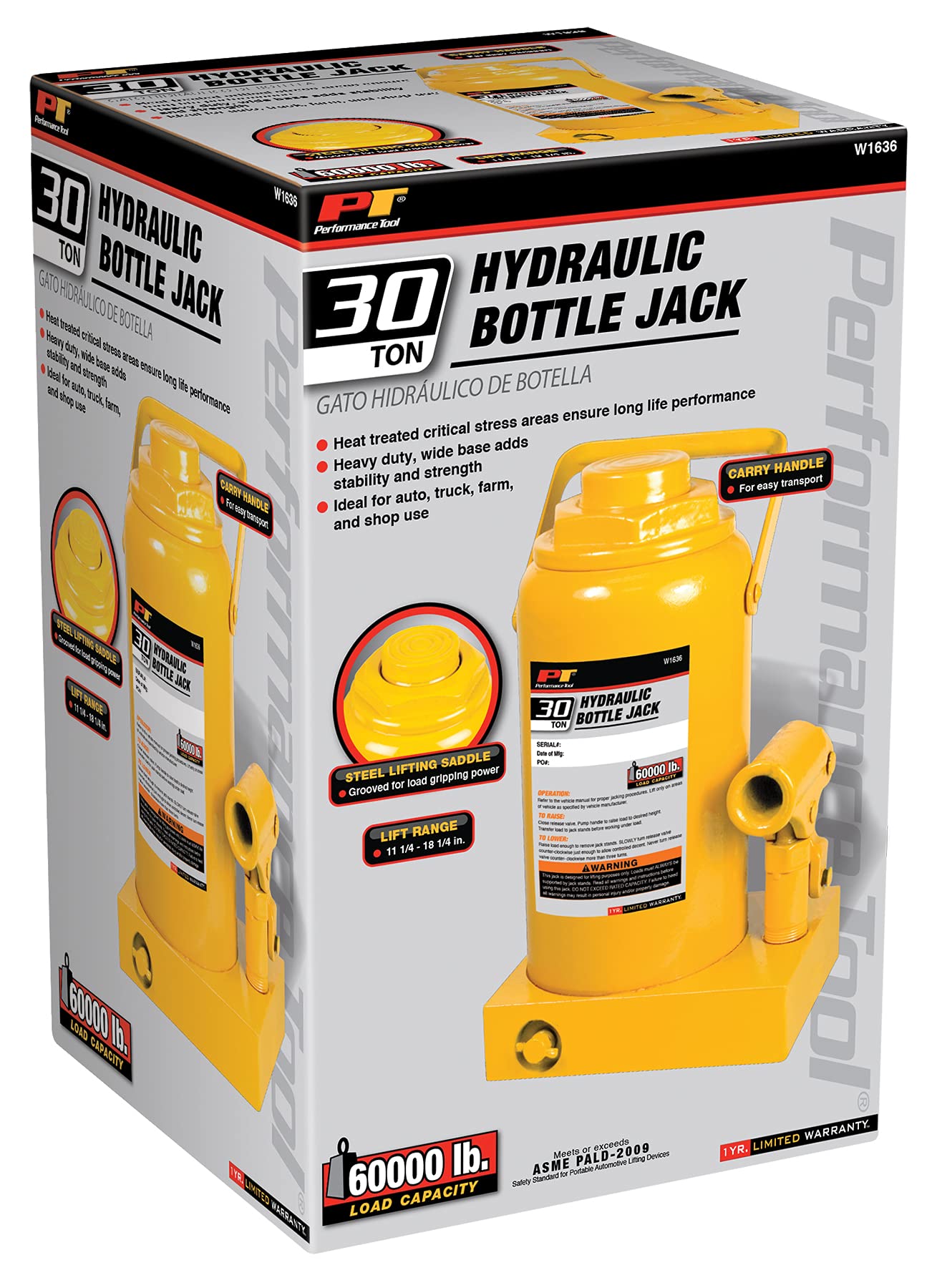Performance Tool W1636 30 Ton (60,000 lbs) Heavy Duty Hydraulic Bottle Jack - 11.25