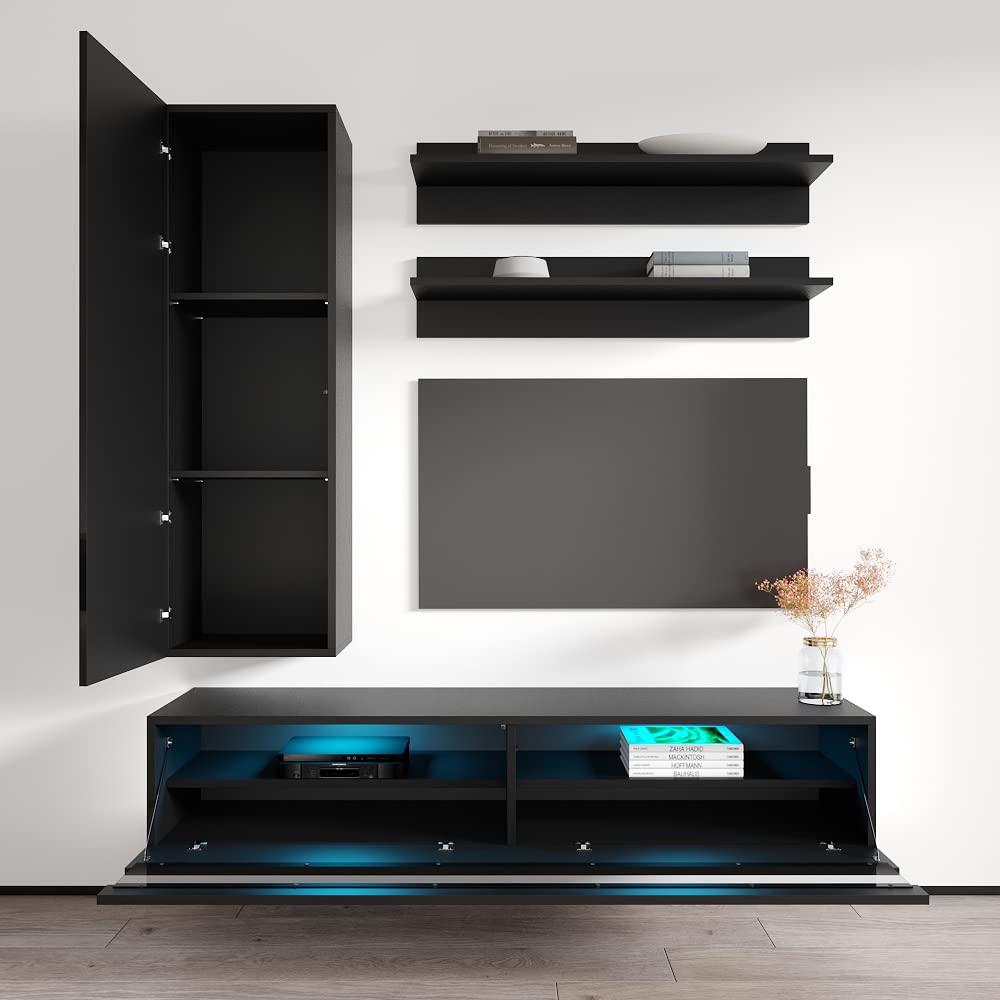 Modern Floating TV Stand with Storage & LED Lights - Wall-Mounted Entertainment Center for Bedroom & Living Room - 35 Inch TV Console with Shelves - Black - Perfect for Small Spaces & Home Theater Setup