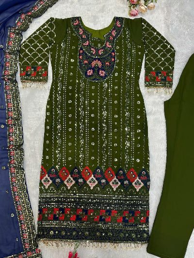 Exquisite Mehandi Green Georgette Moti Work Salwar Suit Set | Traditional Indian Ethnic Wear for Women | Perfect for Weddings, Festivals & Special Occasions