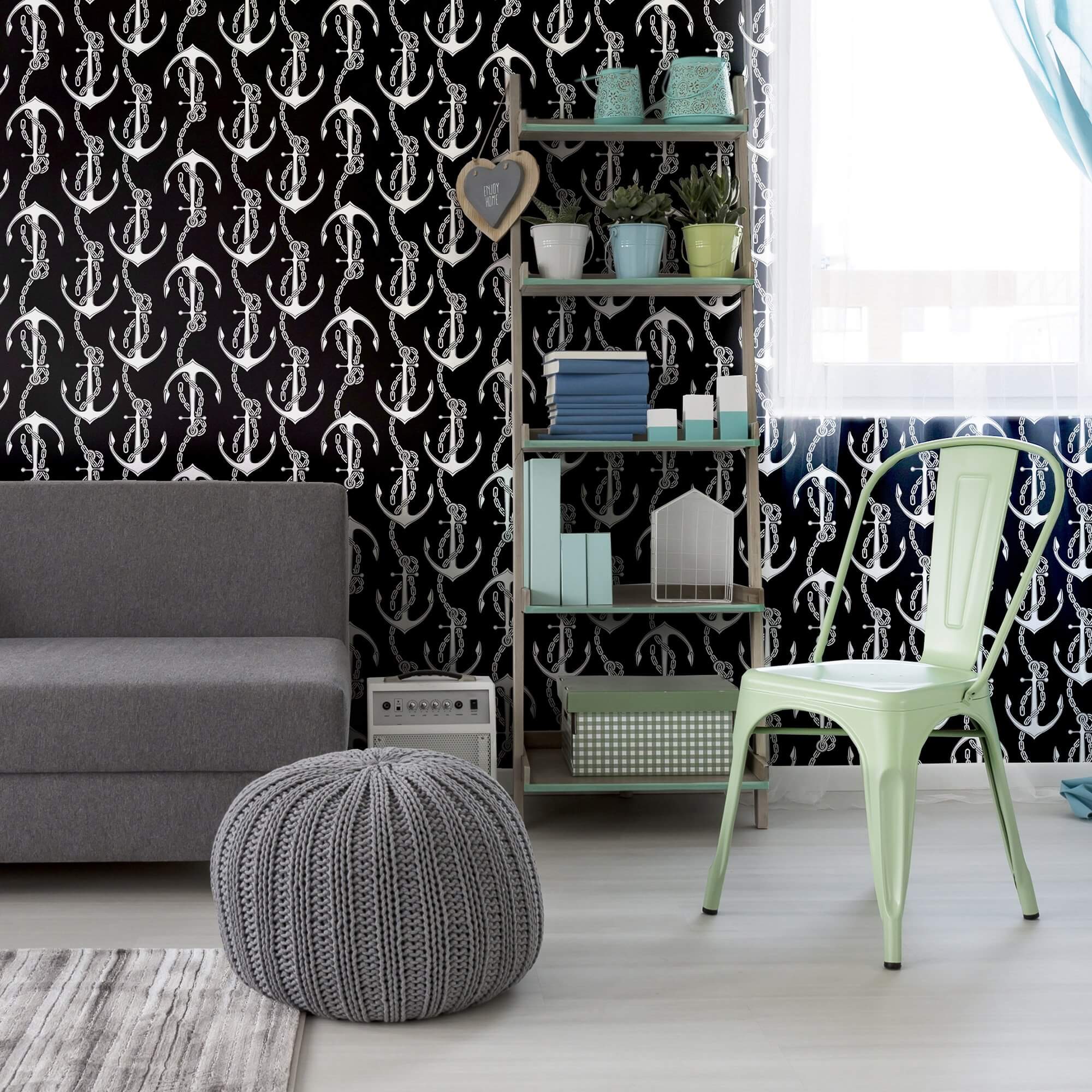 Nautical Themed Black Illustration Peel and Stick Removable Wallpaper - Self-Adhesive Decorative Wall Covering for Bedroom, Nursery, or Office Decor