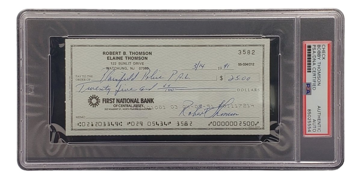 Bobby Thomson New York Giants Autographed Bank Check with PSA/DNA Certification #85025554 - Perfect for Sports Memorabilia Collectors and Baseball Fans