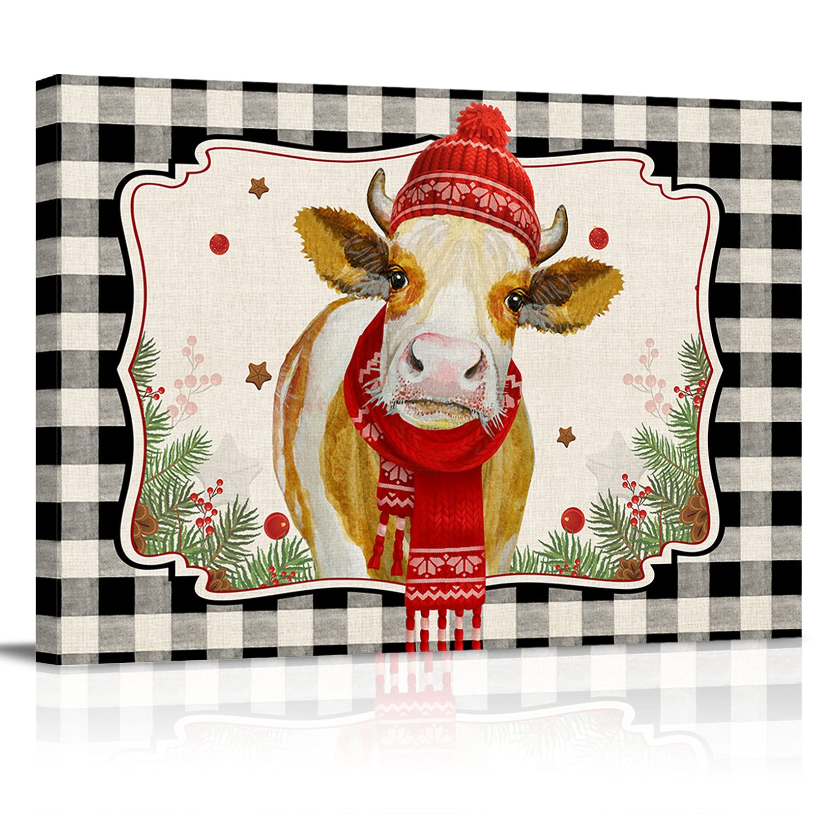 Farmhouse Christmas Cow Canvas Wall Art - Black and White Winter Themed Framed Print Painting (20x28in) for Bathroom, Bedroom, Kitchen & Home Decor | Rustic Farm Animal Wall Decor Perfect for Holiday Season and Country Style Interiors