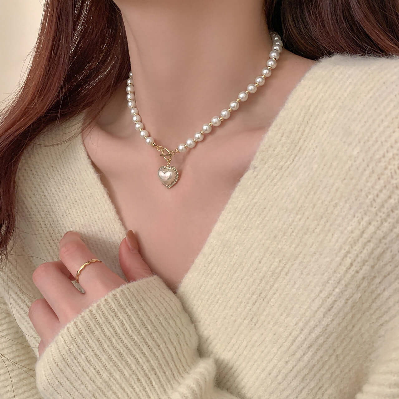 Elegant Heart Charm Pearl Beaded OT Necklace for Women | HN2013 | Perfect Gift for Valentine's Day, Anniversary & Special Occasions