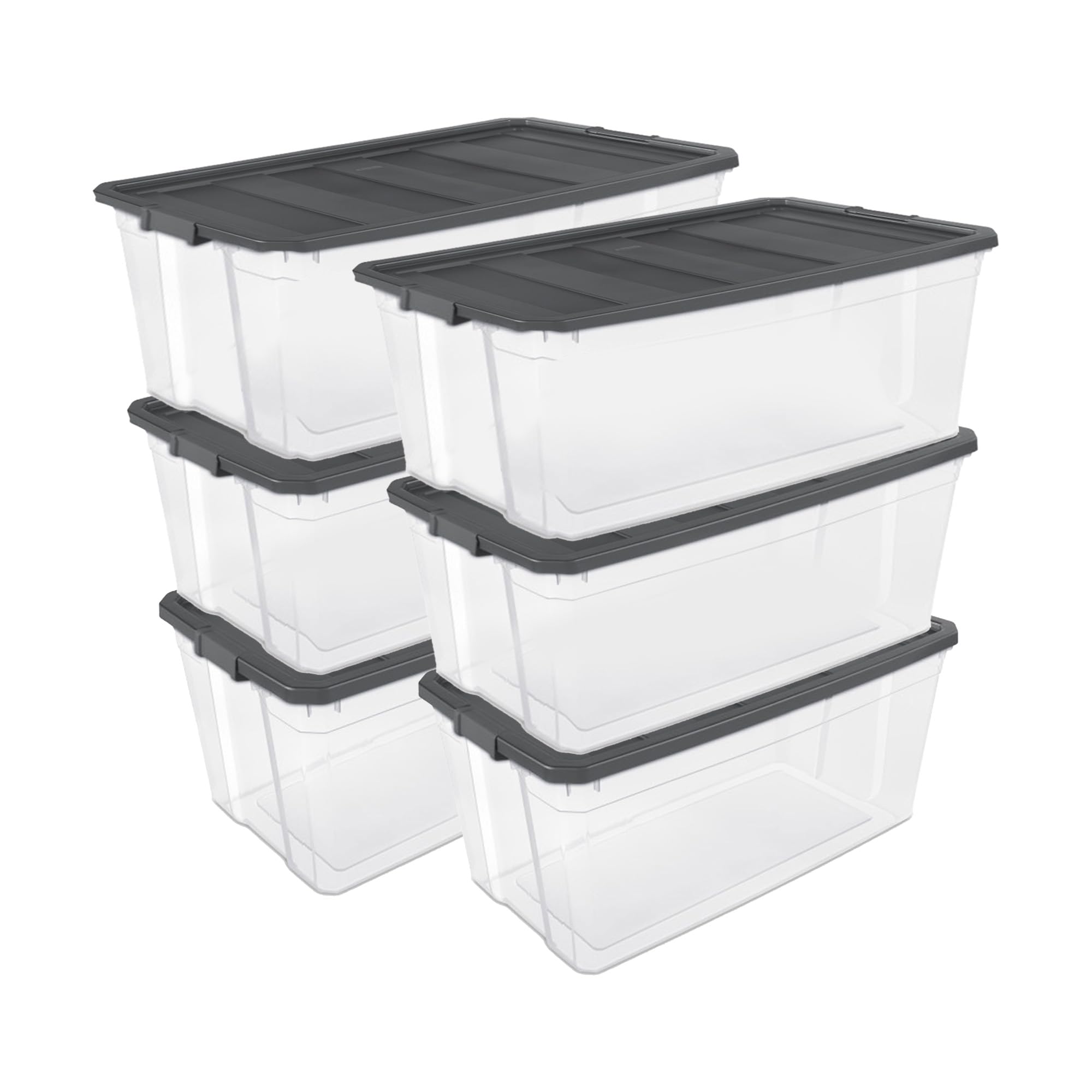 Sterilite 6-Pack Modular Stacker Box - Clear Plastic Storage Bins with Secure Latching Lids (200 Quart) - Perfect for Home Organization, Garage Storage & Closet Decluttering